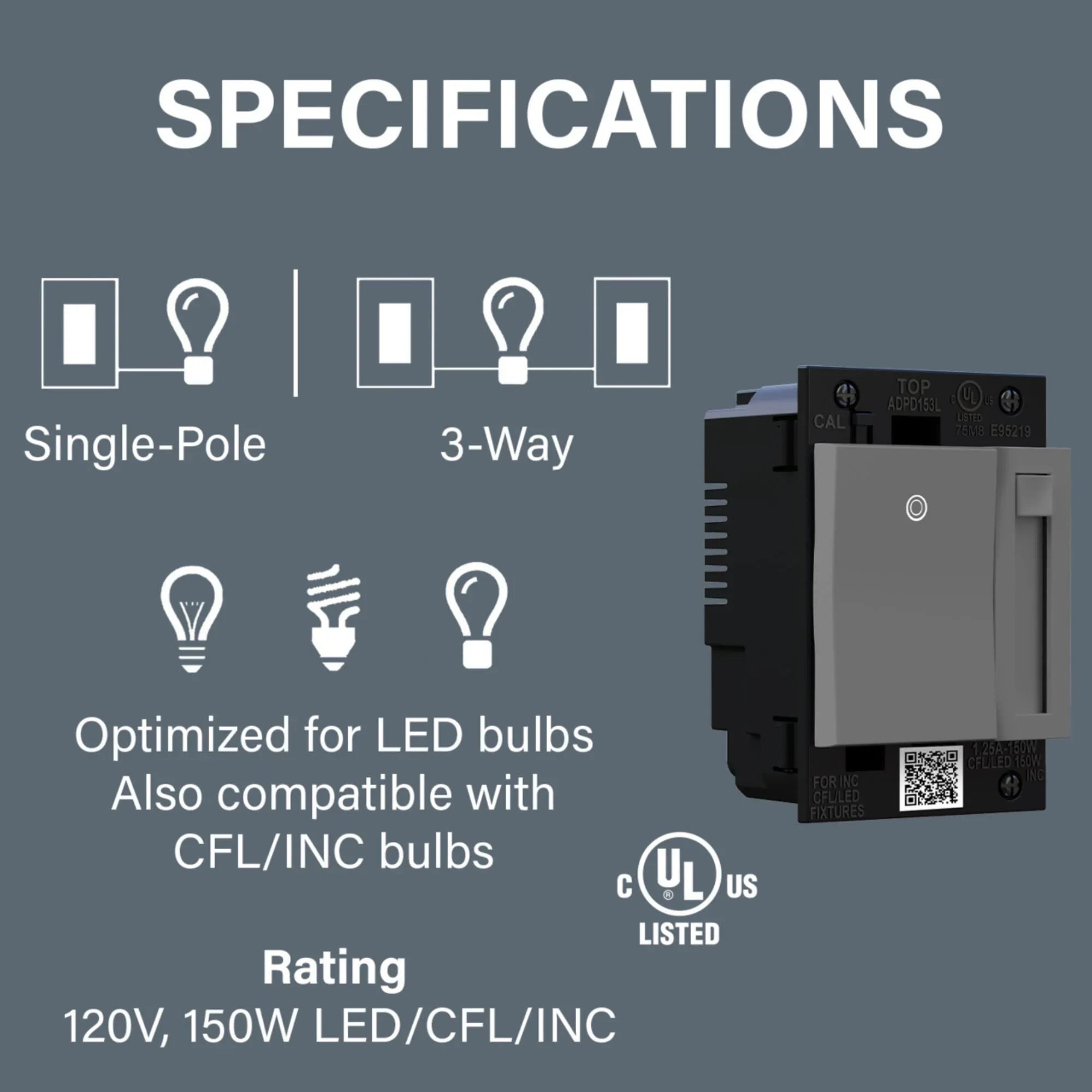 adorne Paddle LED Advanced Dimmer, 150-Watt LED, Single Pole/3-Way, Magnesium - Bees Lighting
