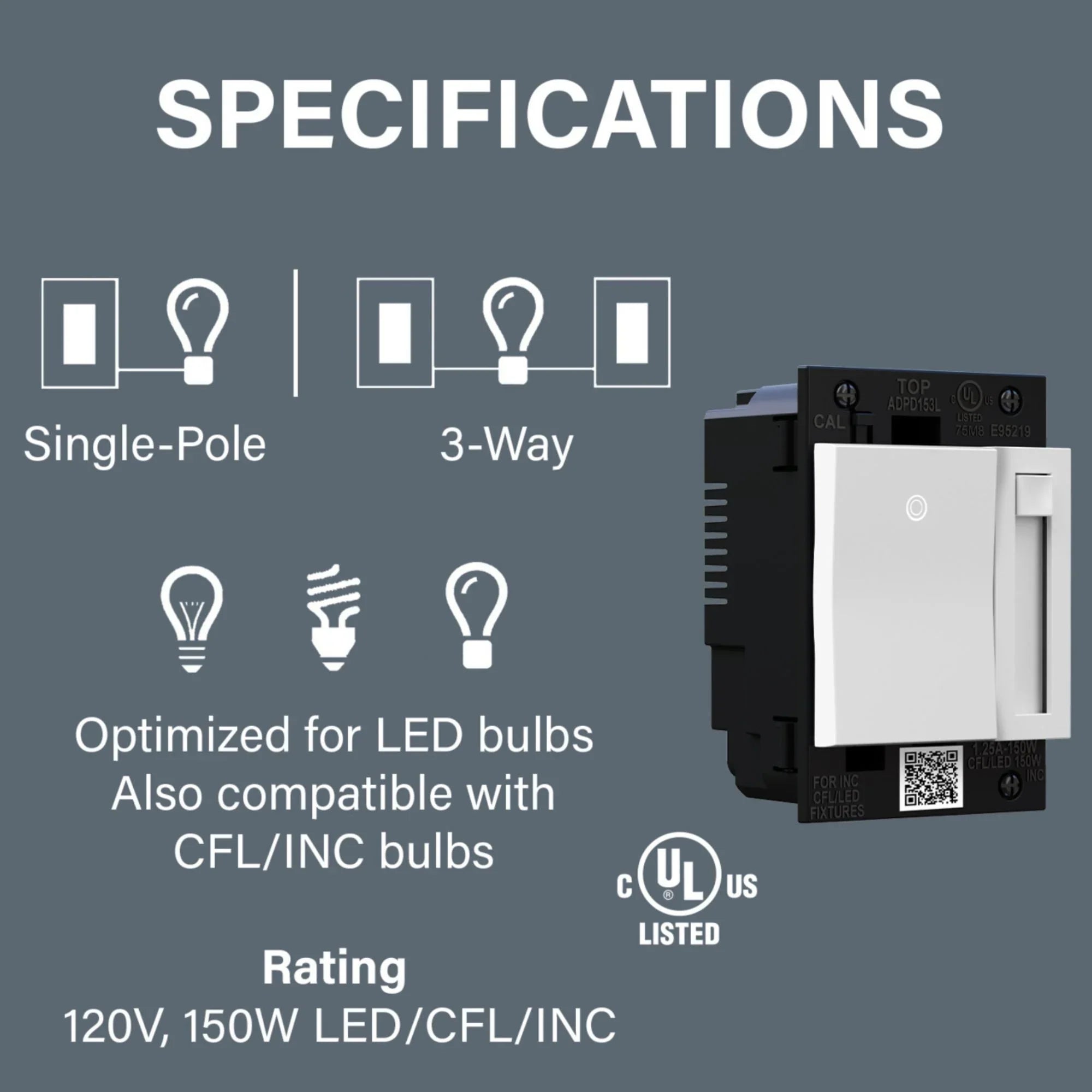 adorne Paddle LED Advanced Dimmer, 150-Watt LED, Single Pole/3-Way, White - Bees Lighting