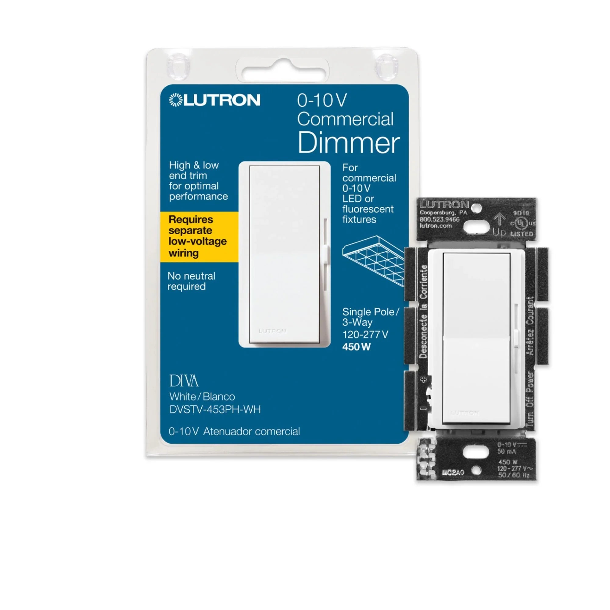 Diva 0-10V LED/Fluorescent Dimmer Switch, 120V-277V, 3.75 Amp, White - Bees Lighting