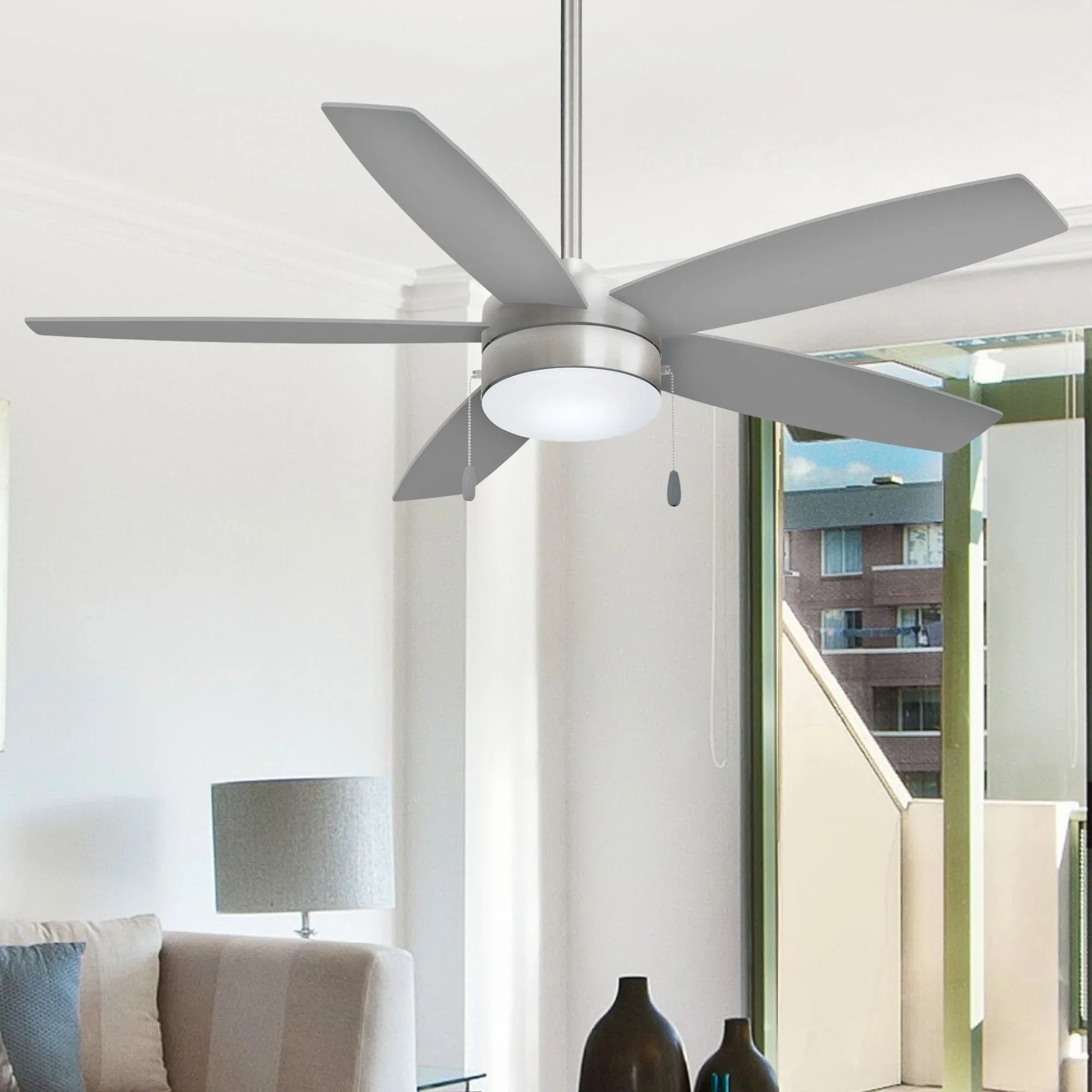 Airetor 52" Brushed Nickel 5-Blade LED Ceiling Fan with Pull Chain - Bees Lighting
