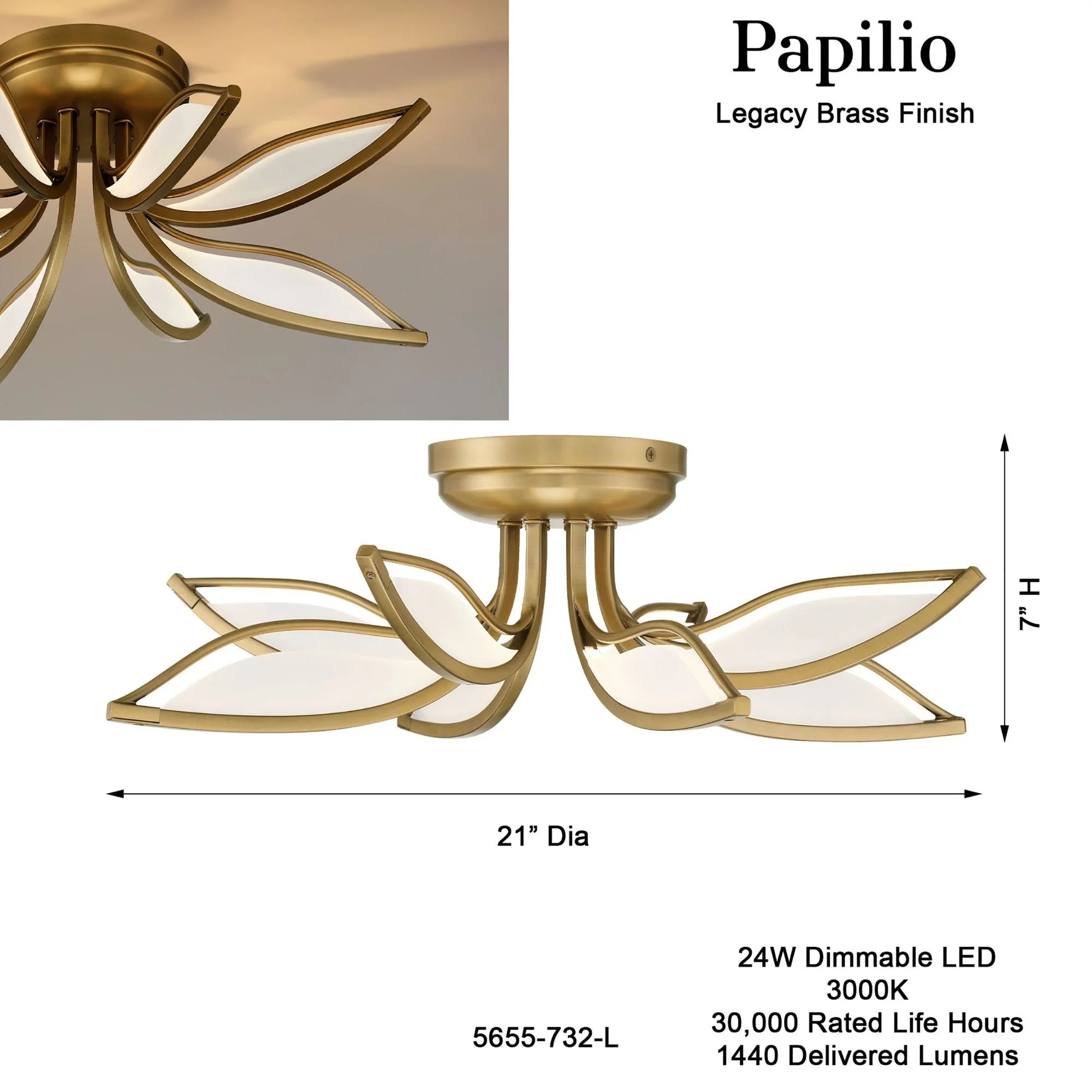 Papilio 21" LED Flush Mount, Legacy Brass Finish
