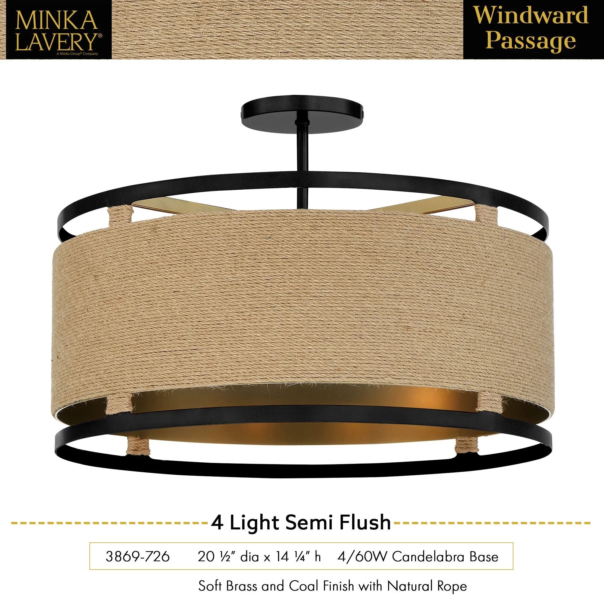 Windward Passage 21" 4-Light Semi-Flush Mount, Coal & Soft Brass Finish