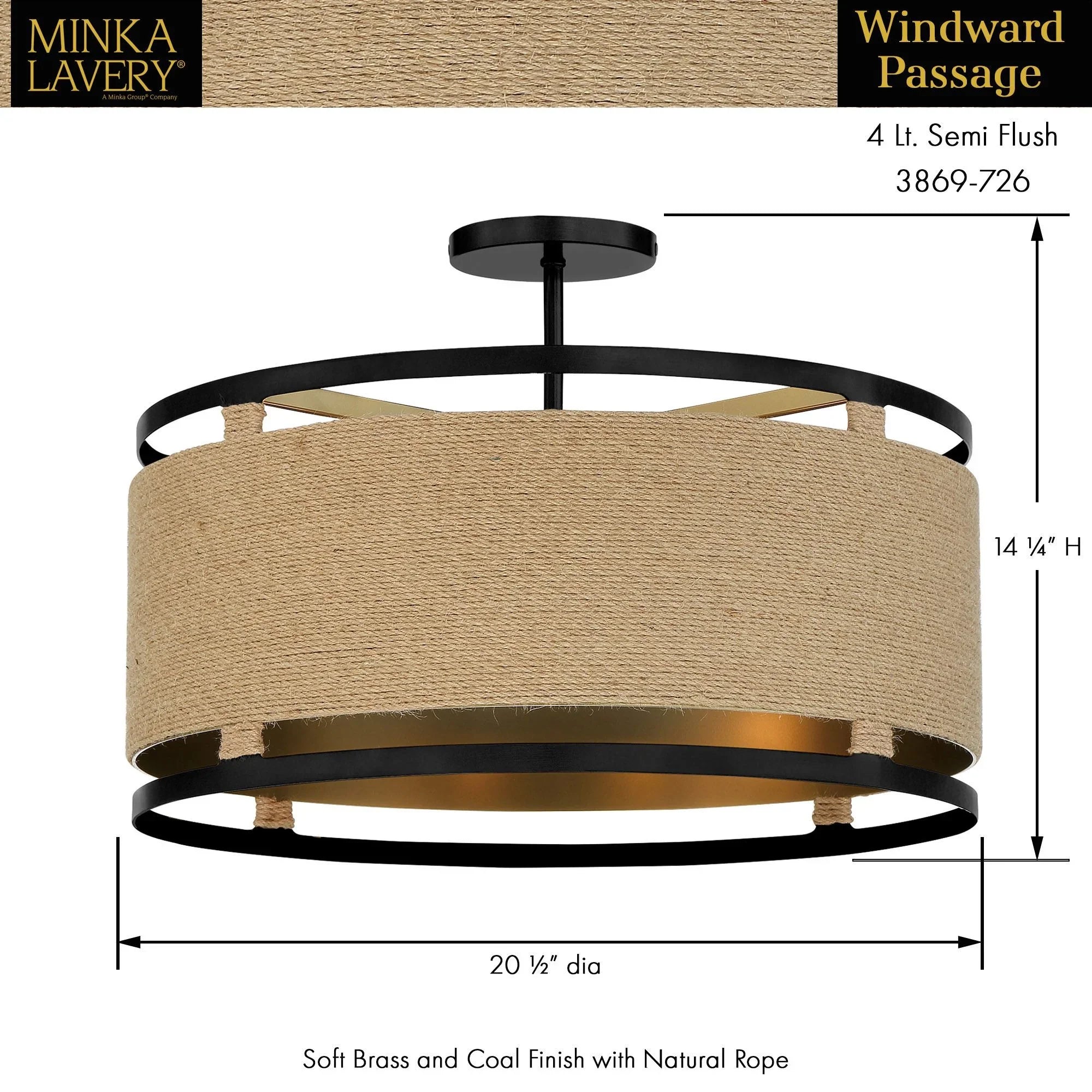Windward Passage 21" 4-Light Semi-Flush Mount, Coal & Soft Brass Finish