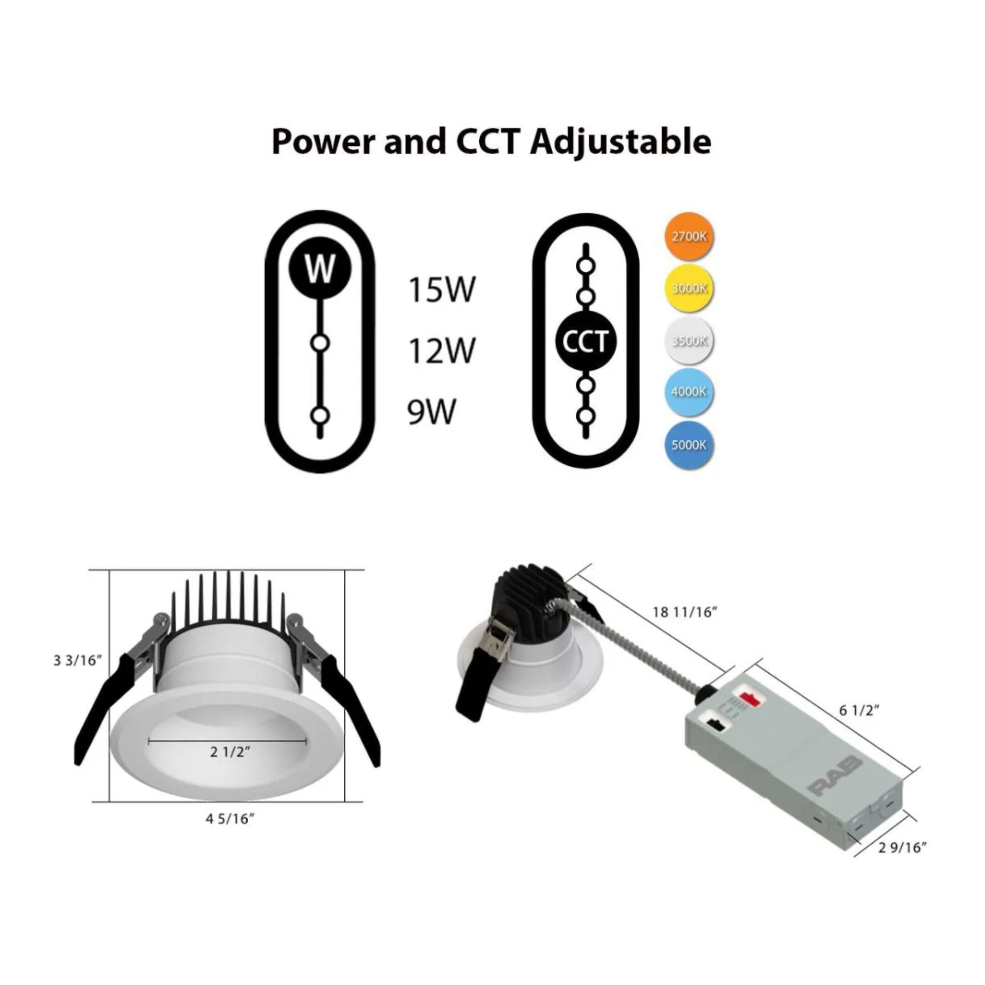 3" High-Output Commercial Downlight, 1500 Lm, 5-CCT, 120-277V, ELV/0-10V