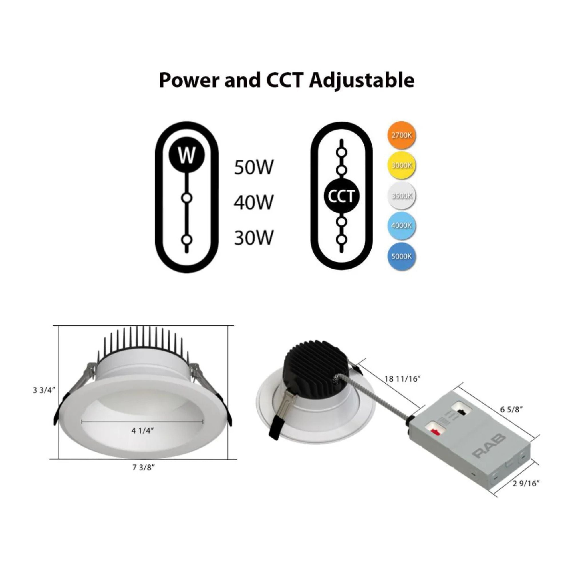 6" High-Output Commercial Downlight, 5000 Lm, 5-CCT, 120-277V, ELV/0-10V