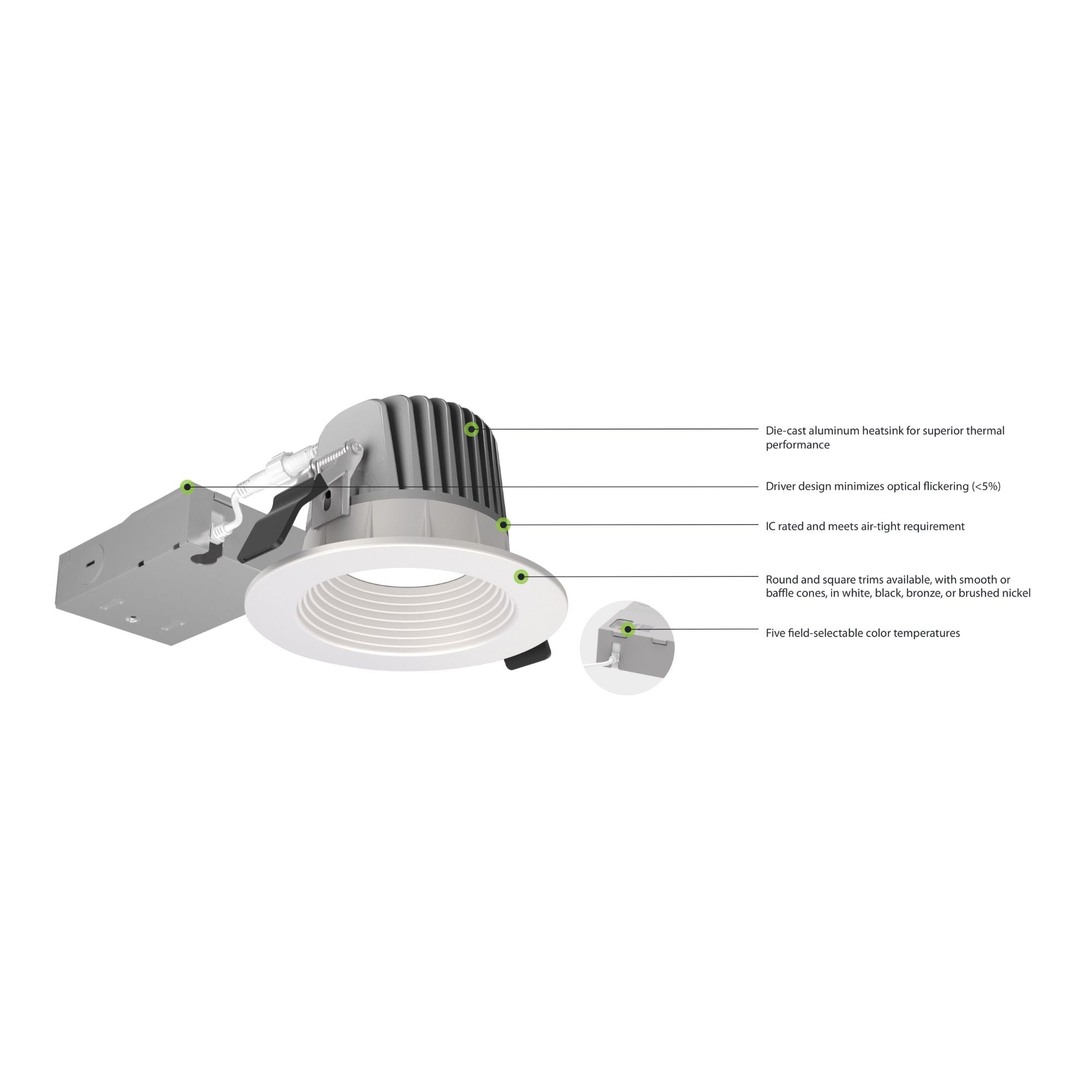 6" HALED Canless Recessed Downlight, 1800 Lumens, Selectable CCT