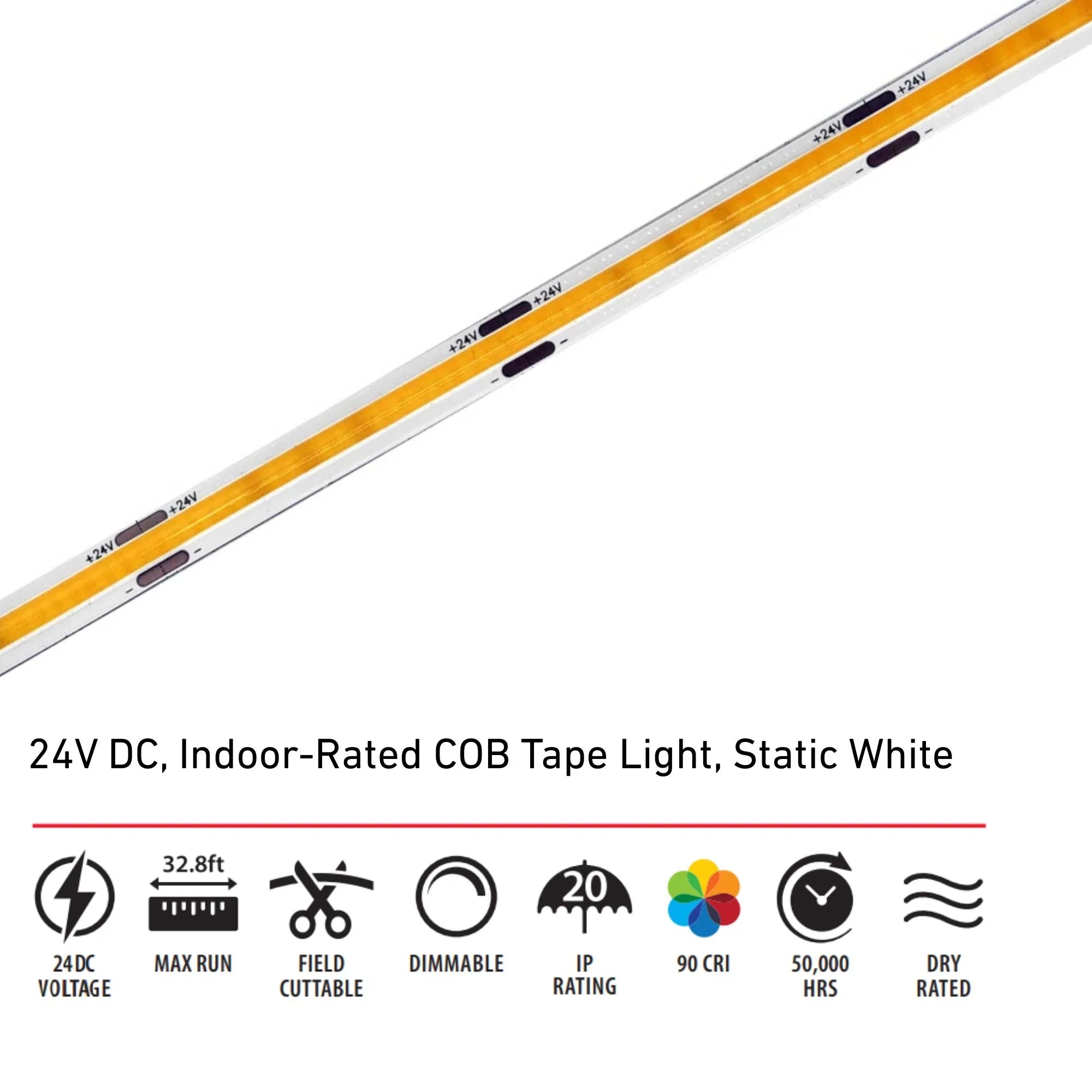 ARCTAPE No-Pixel COB LED Tape Light, 32Ft Reel, 2700K, 203 Lm/Ft, 24V - Bees Lighting