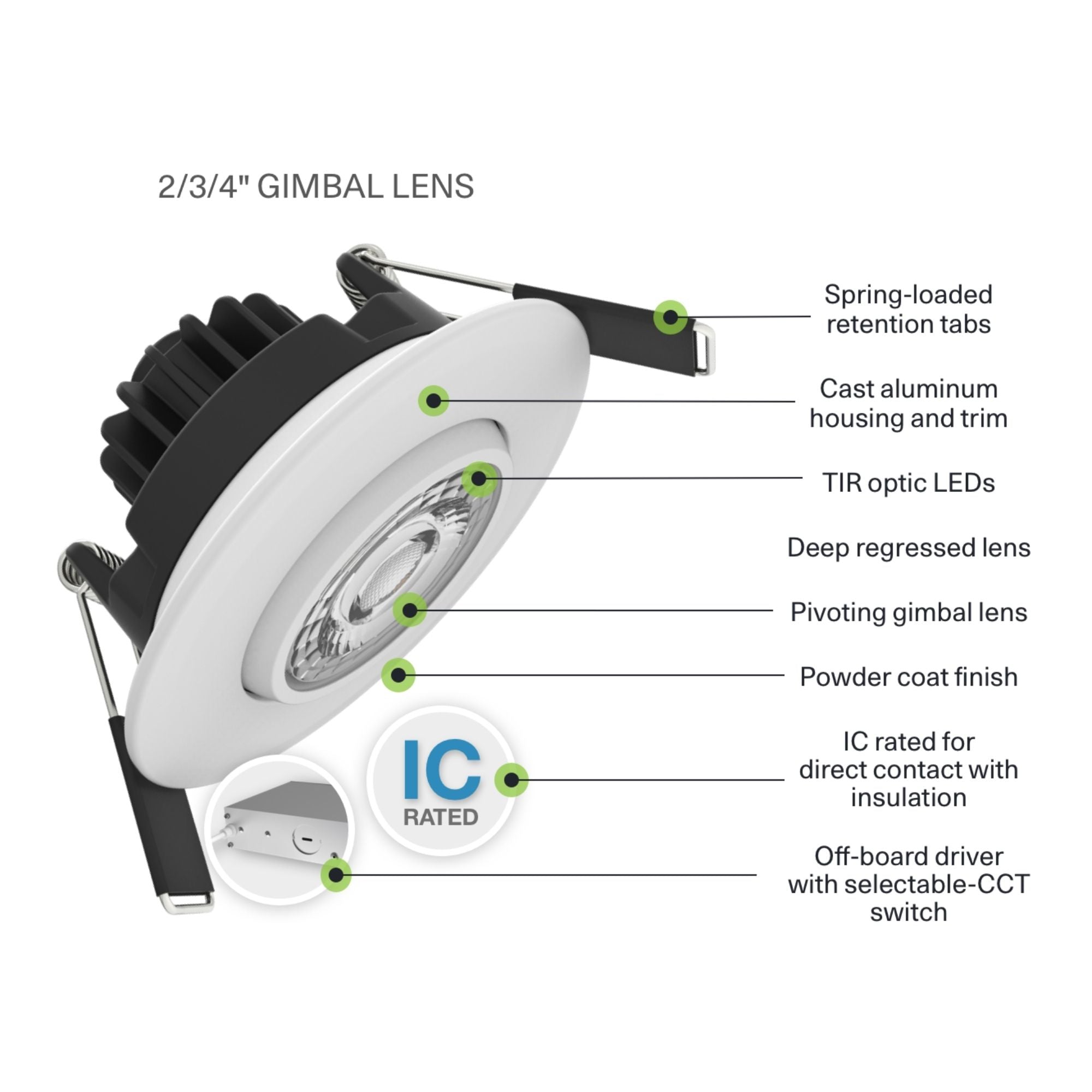 2" Canless Gimbal Downlight, 400 Lm, 5-CCT, 38° Spot, White Smooth Trim