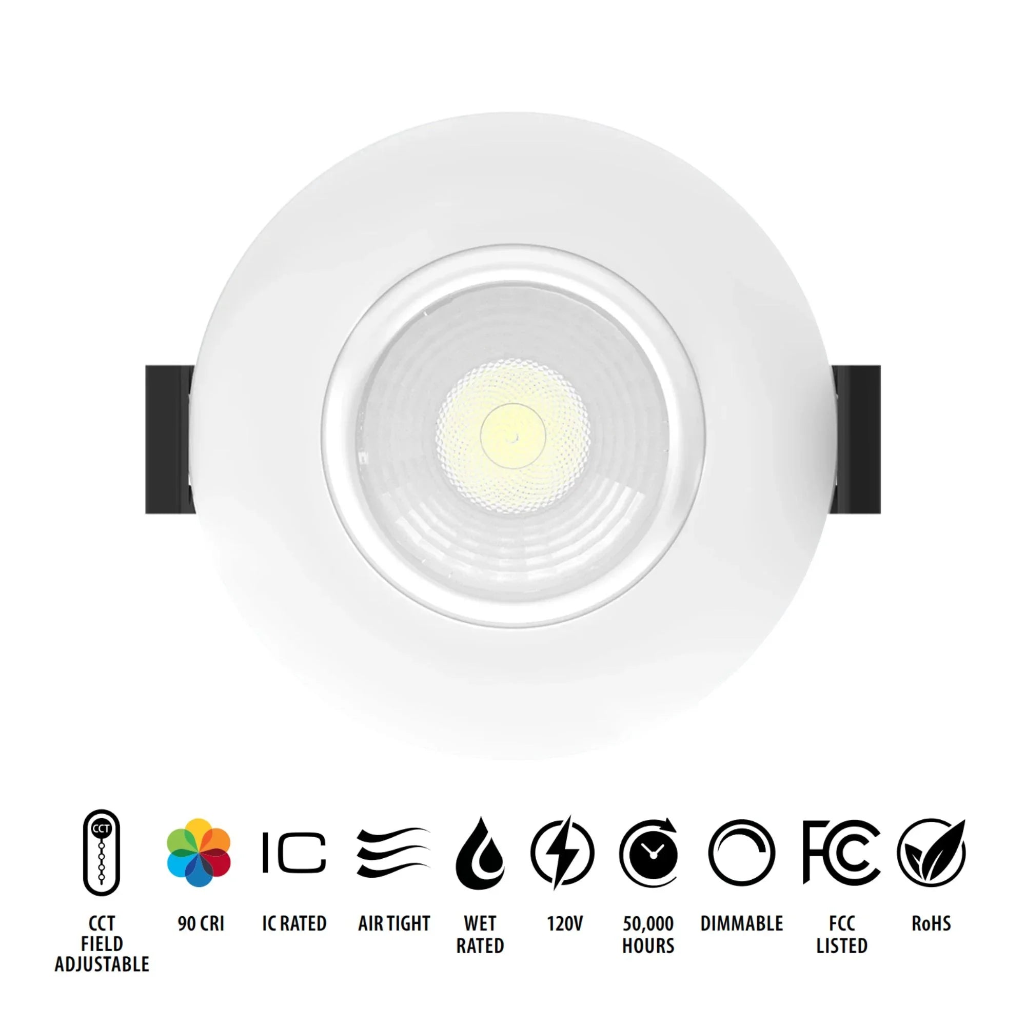 3" Canless Gimbal Downlight, 600 Lm, 5-CCT, 38° Spot, White Smooth Trim - Bees Lighting