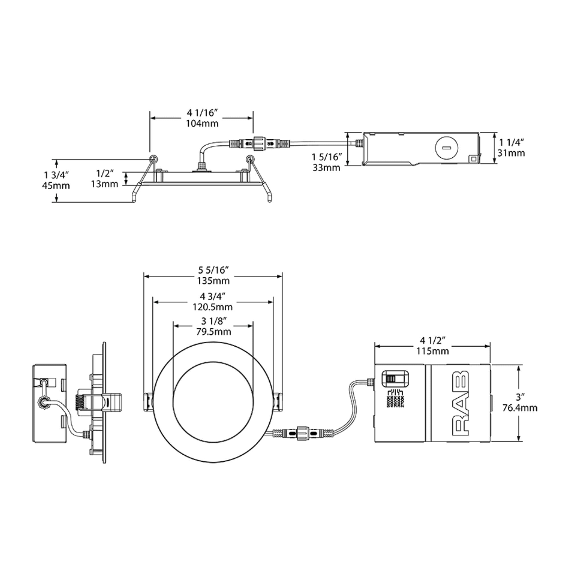 4" Wafer LED Downlight, 750 Lm, 5-CCT, White Baffle Trim