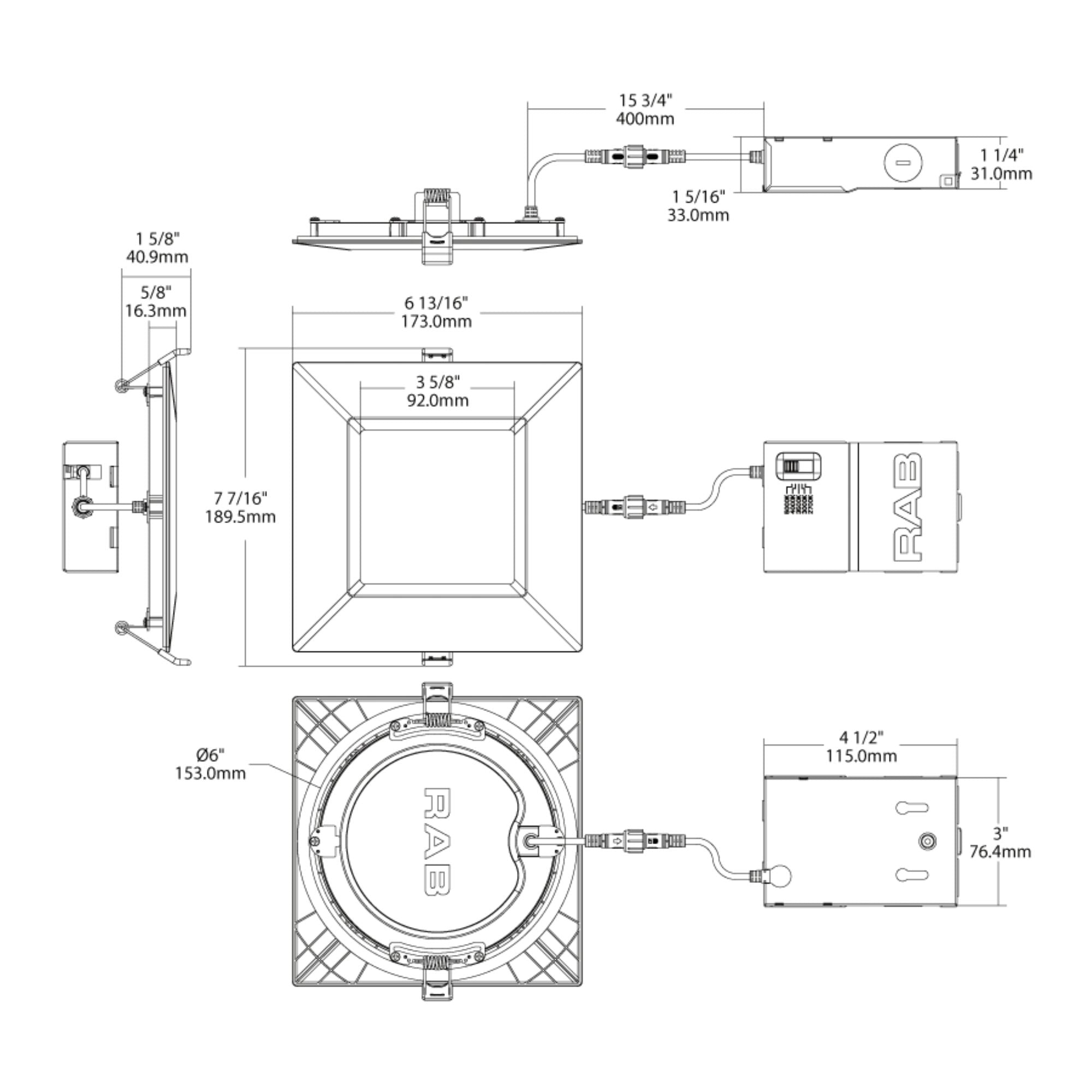 6" Square Wafer LED Downlight, 1100 Lm, White Smooth Trim