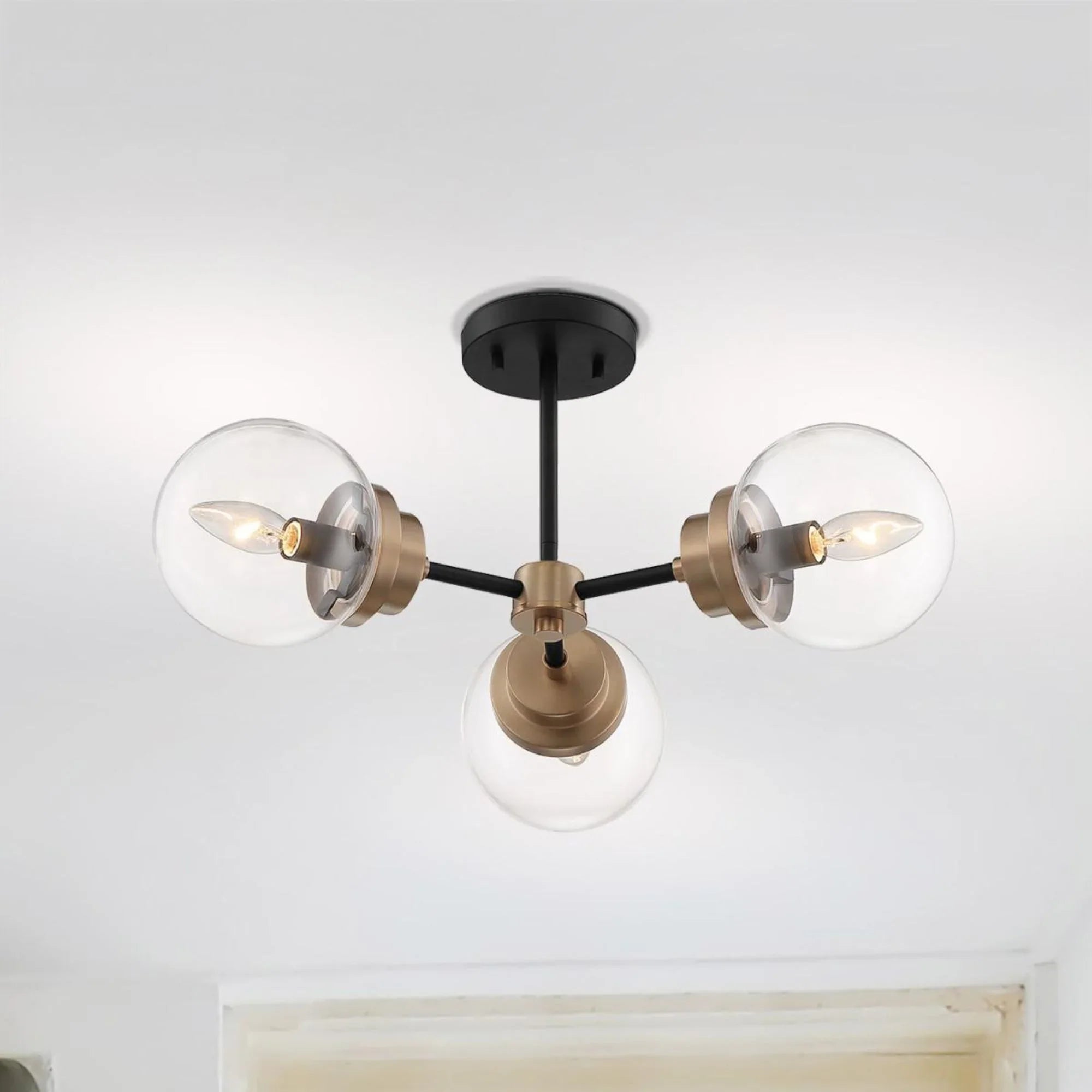 Axis 23" 3 Lights Semi Flush Mount, Black & Brass Finish