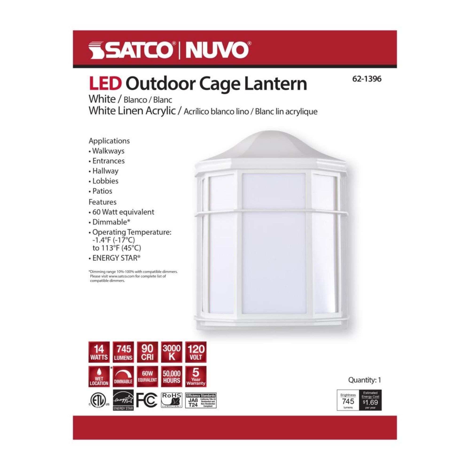 10" LED Cage Wall Lantern, 600 Lm, 3000K, White - Bees Lighting