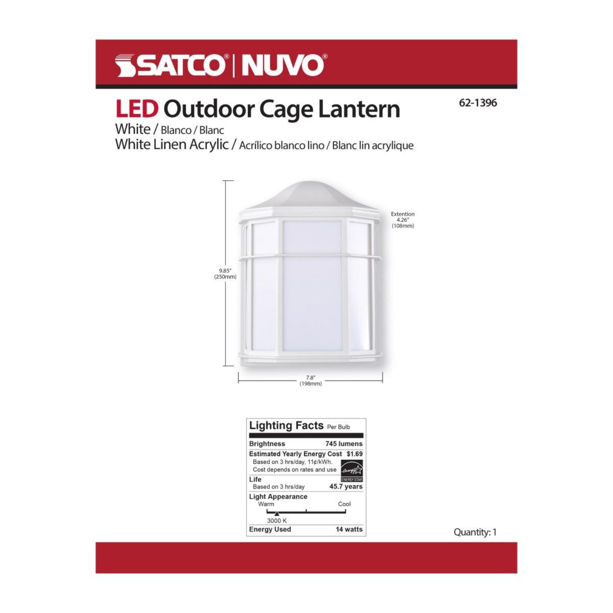 10" LED Cage Wall Lantern, 600 Lm, 3000K, White - Bees Lighting