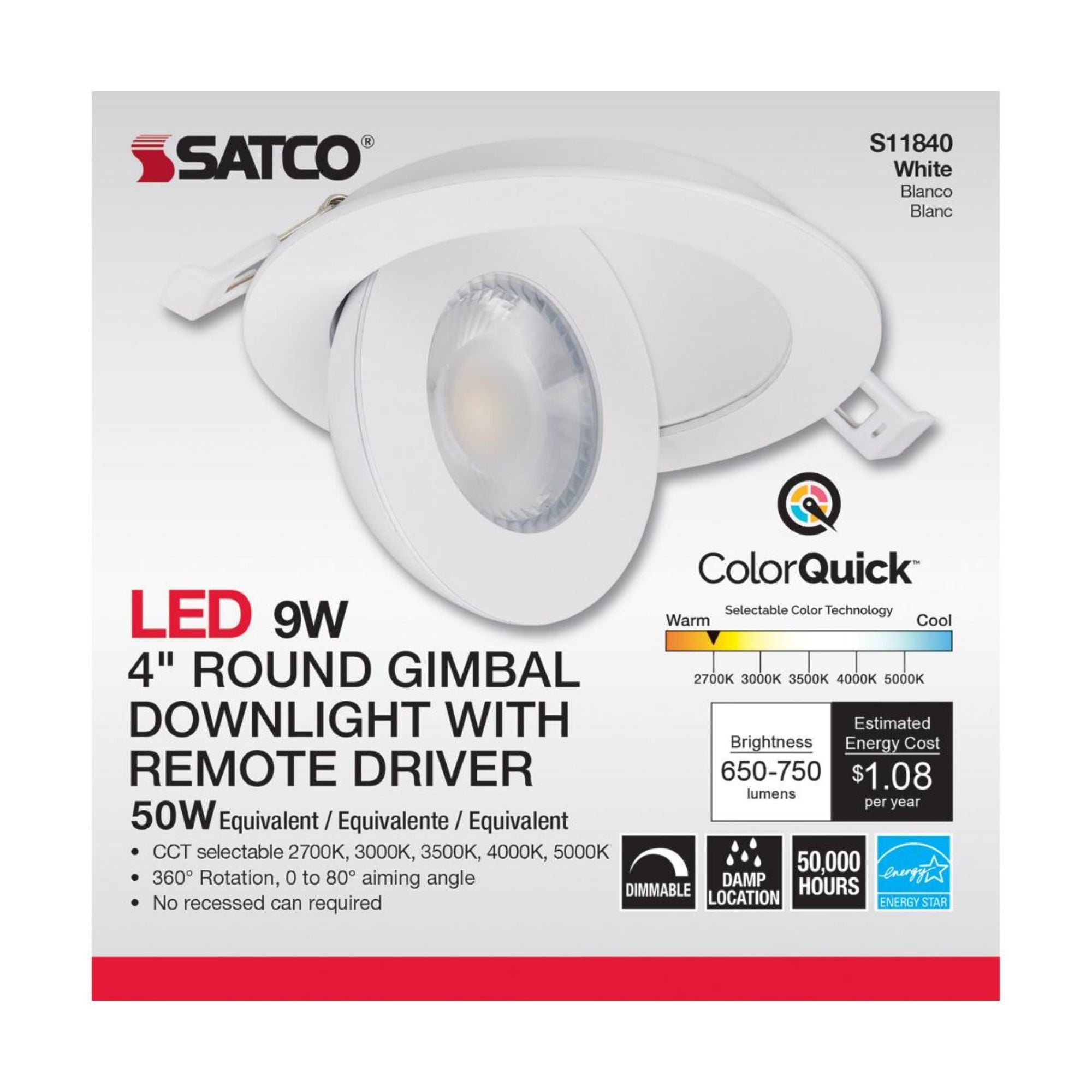 4" Round Gimbal Downlight with Remote Driver, 750 Lumens, 5-CCT
