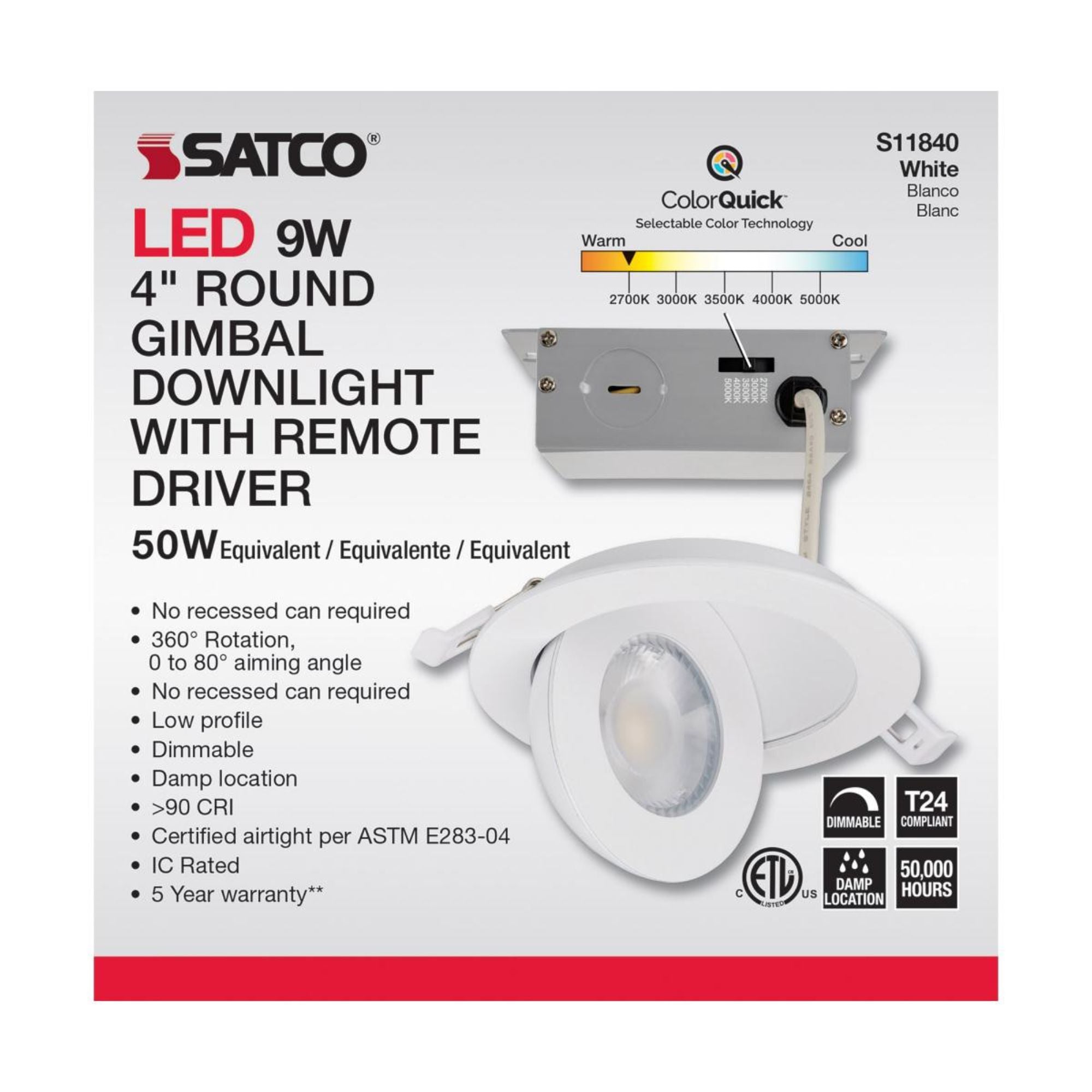 4" Round Gimbal Downlight with Remote Driver, 750 Lumens, 5-CCT