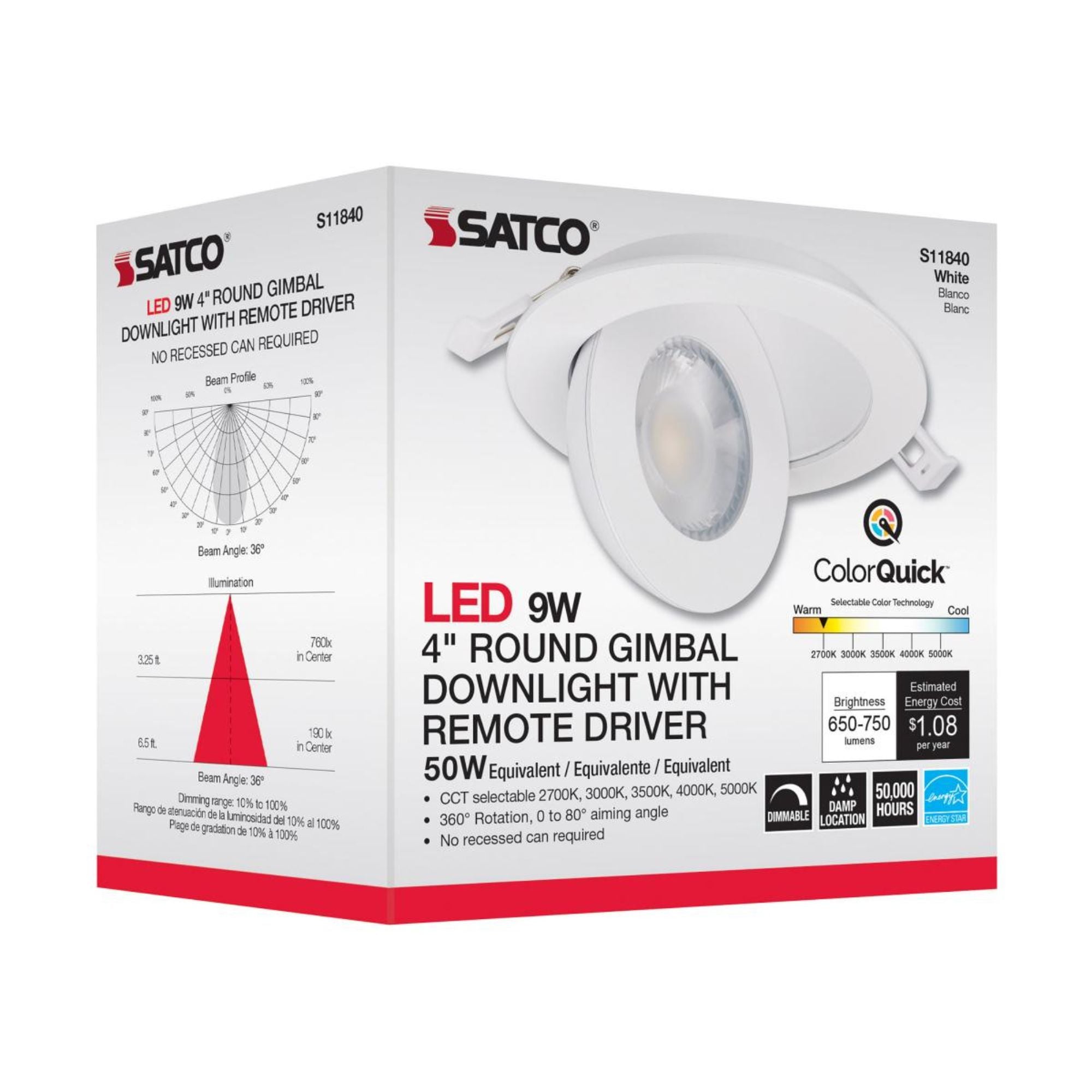 4" Round Gimbal Downlight with Remote Driver, 750 Lumens, 5-CCT