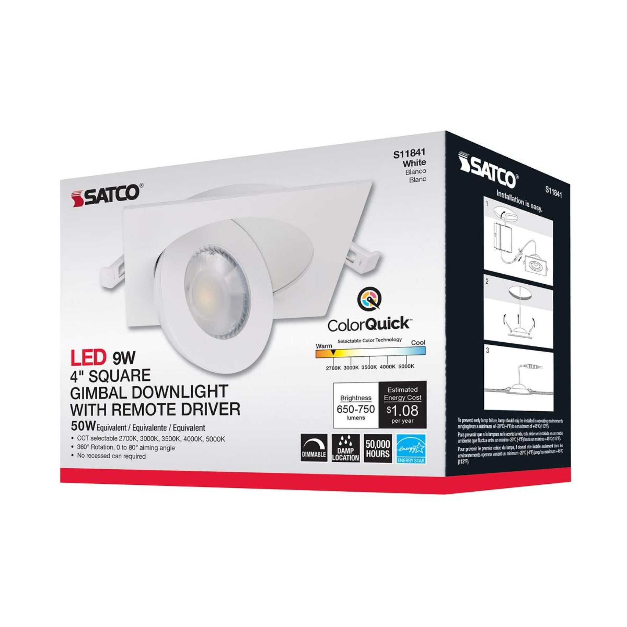 4" Square Gimbal Downlight with Remote Driver, 750 Lumens, 5-CCT