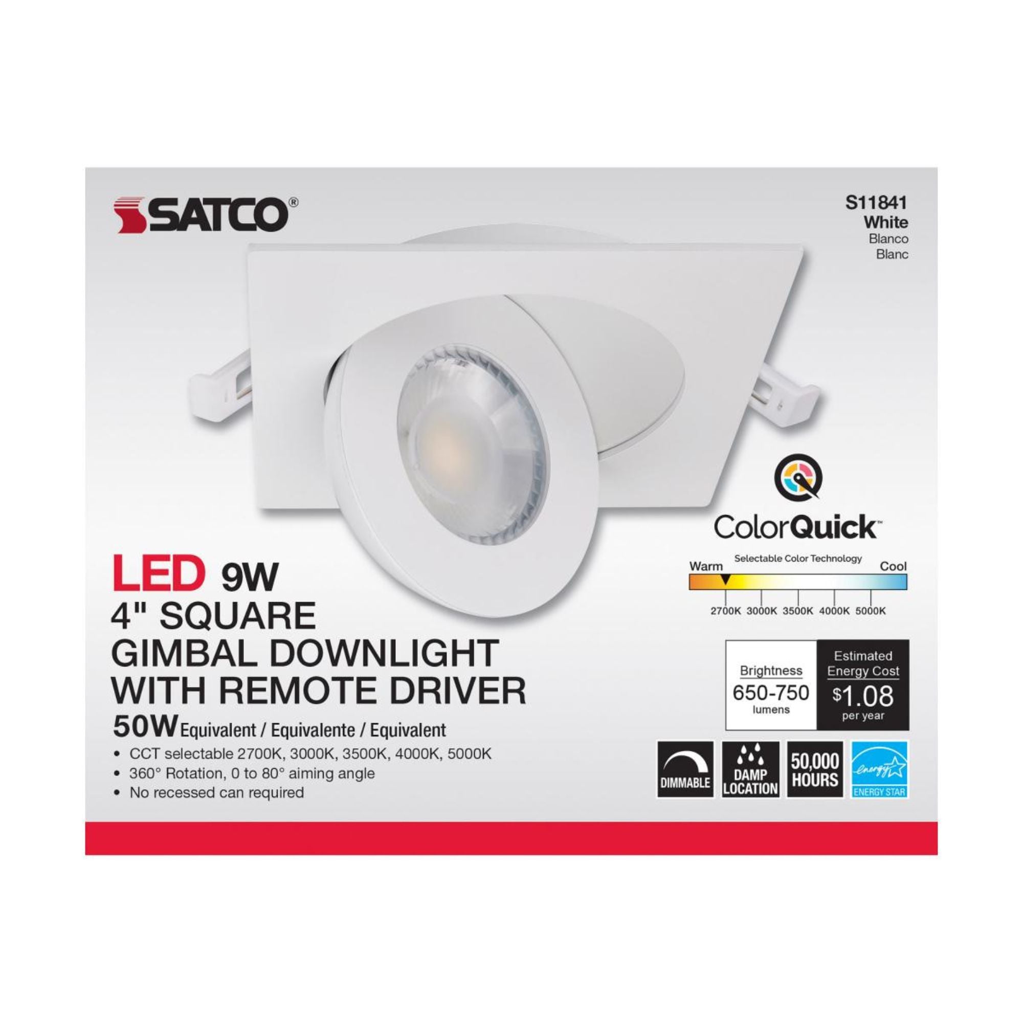 4" Square Gimbal Downlight with Remote Driver, 750 Lumens, 5-CCT
