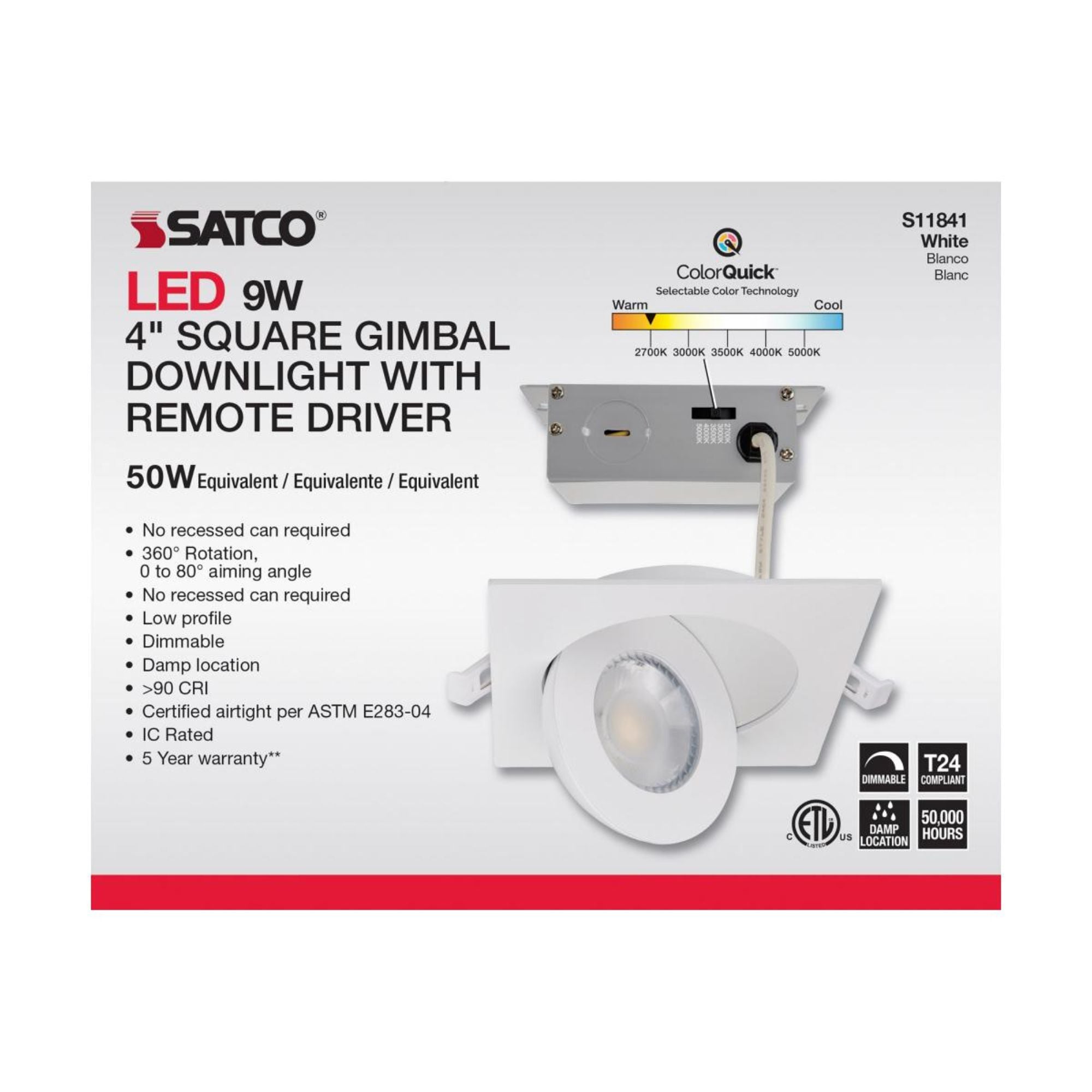 4" Square Gimbal Downlight with Remote Driver, 750 Lumens, 5-CCT
