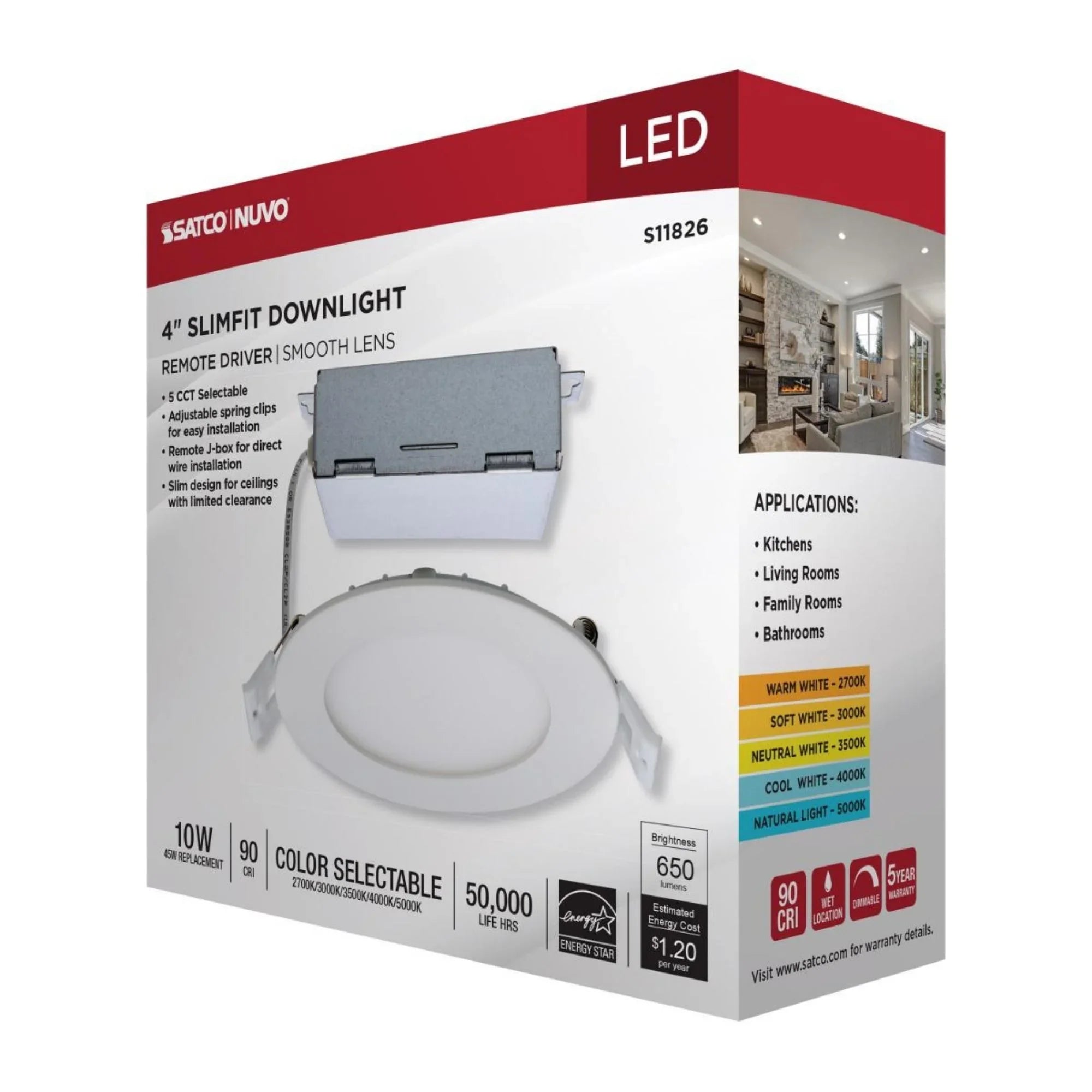 Edge-Lit 4" Round Canless LED Recessed Light, 10W, 650 Lm, 5-CCT