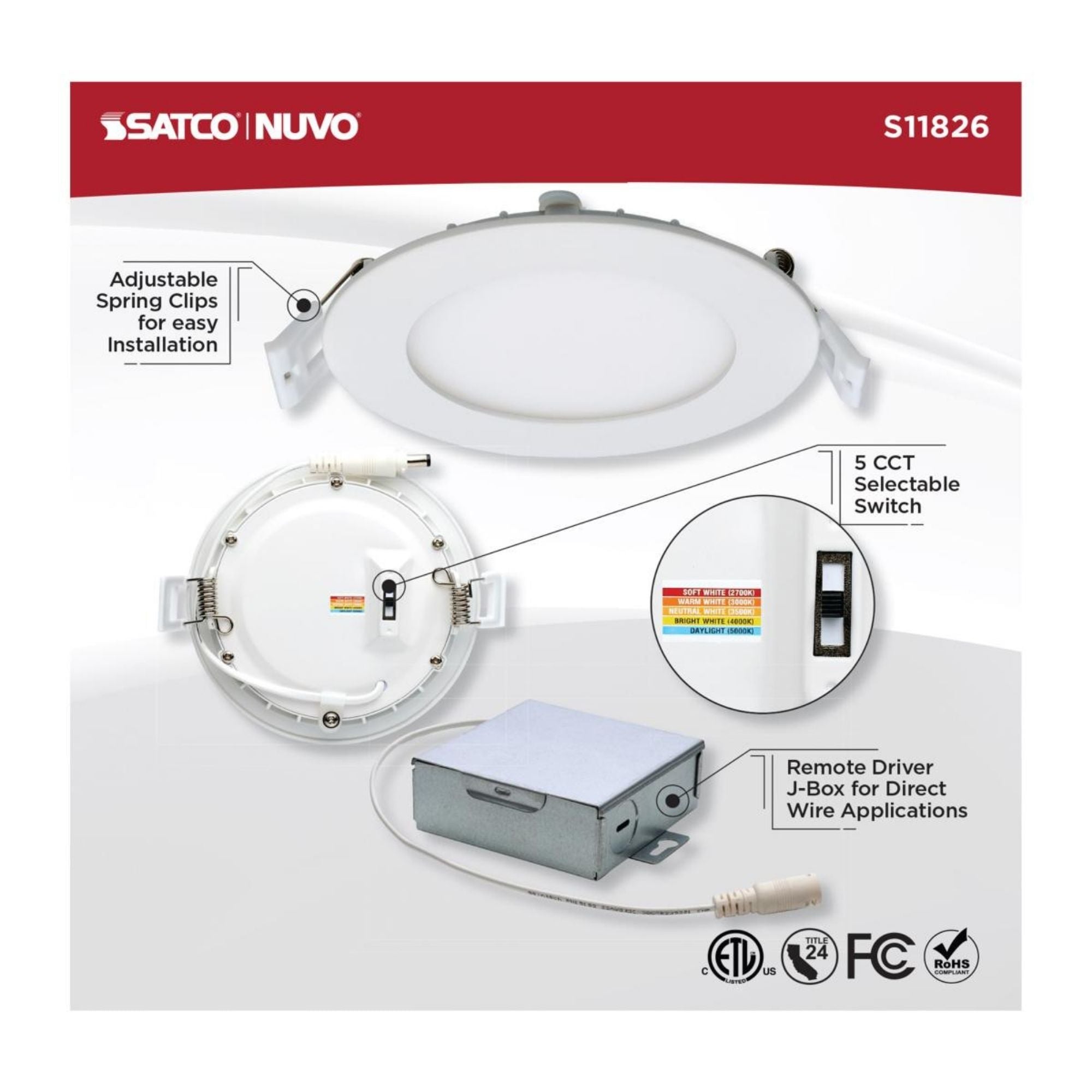 Edge-Lit 4" Round Canless LED Recessed Light, 10W, 650 Lm, 5-CCT