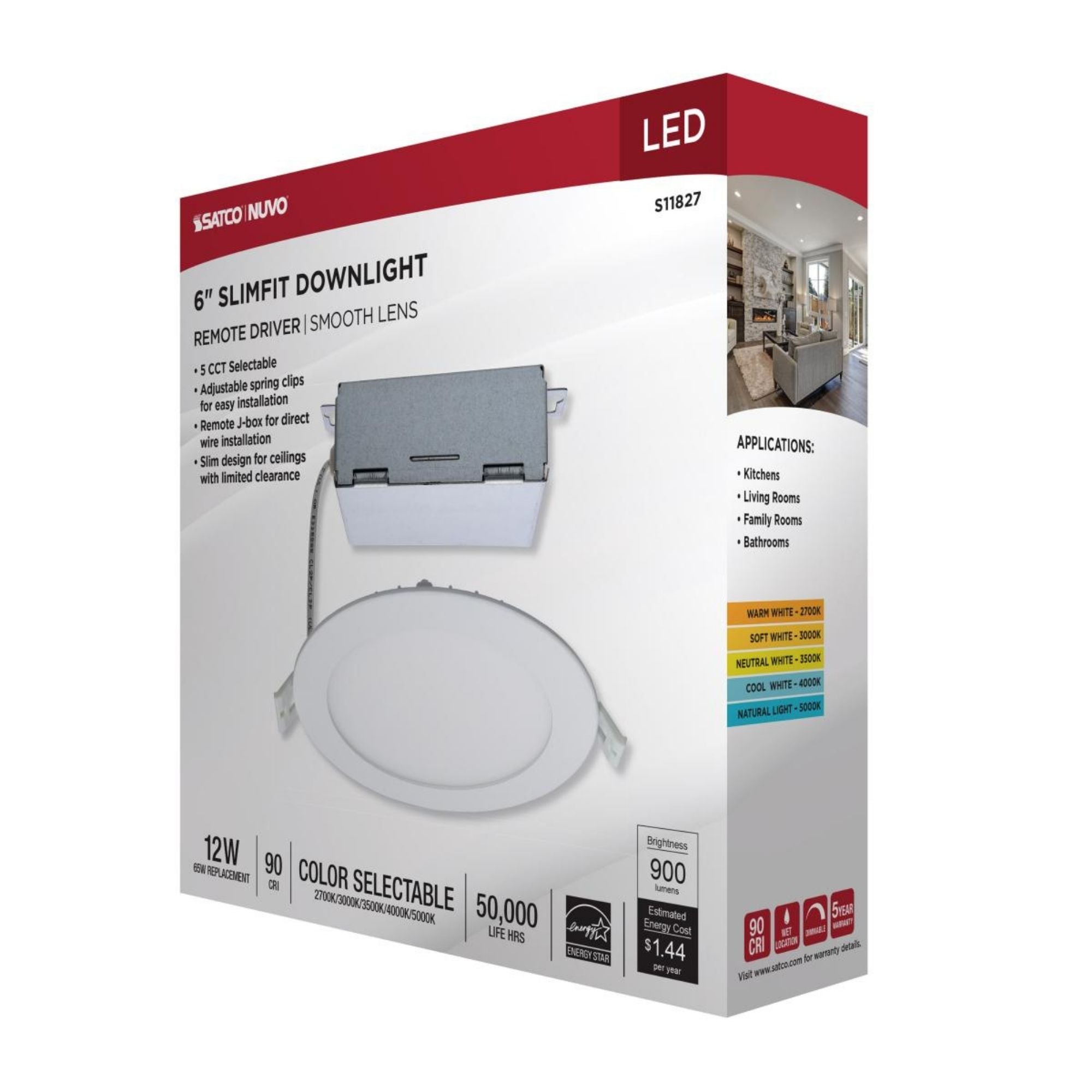 Edge-Lit 6" Round Canless LED Recessed Light, 12W, 900 Lm, 5-CCT