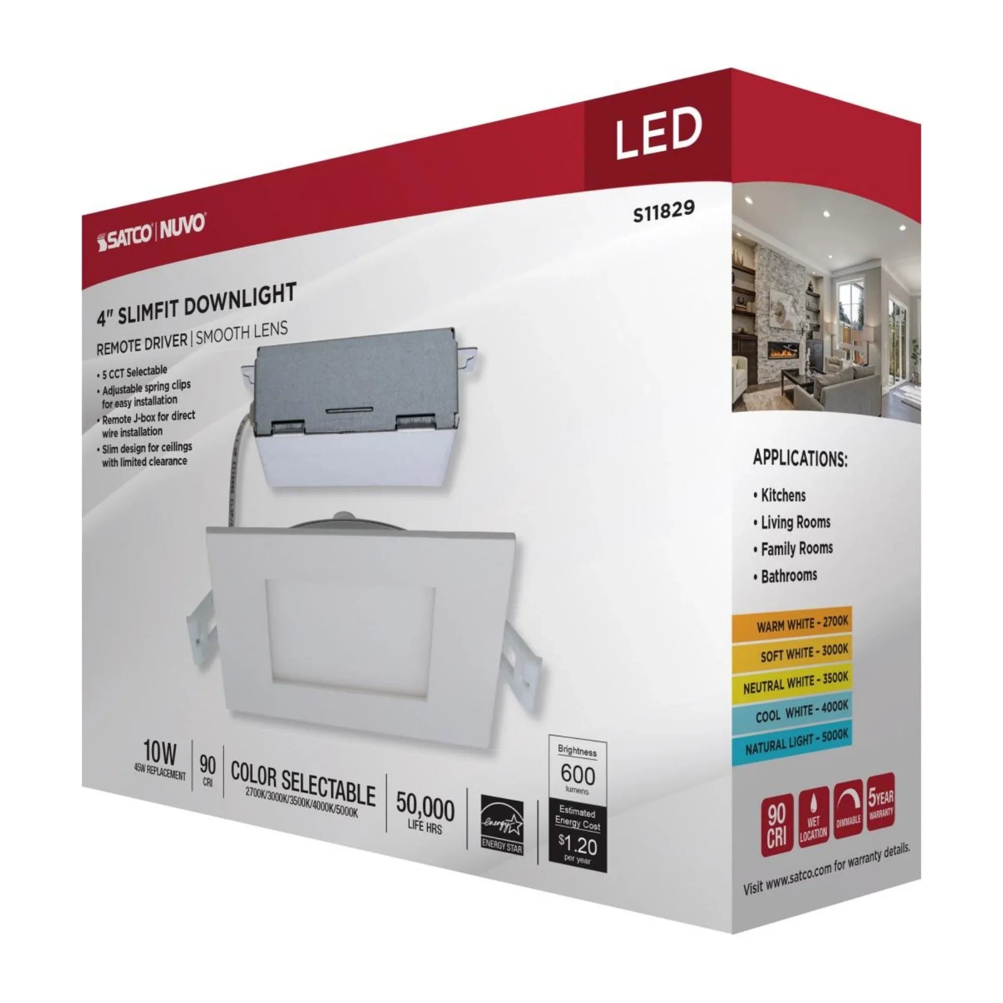 Edge-Lit 4" Square Canless LED Recessed Light, 10W, 600 Lm, 5-CCT