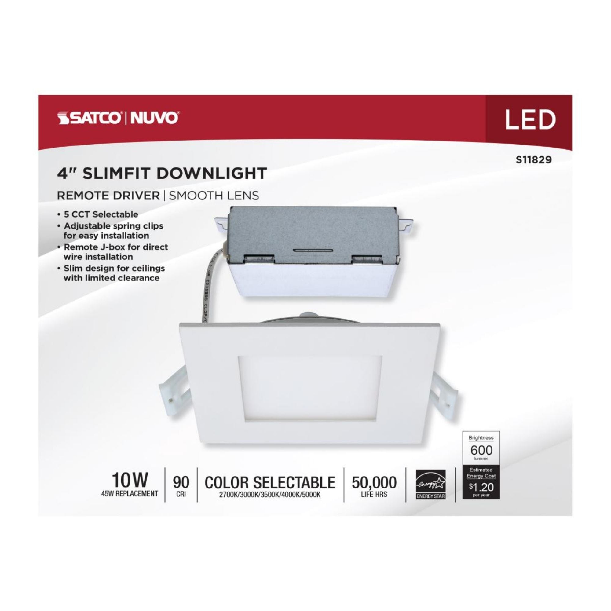 Edge-Lit 4" Square Canless LED Recessed Light, 10W, 600 Lm, 5-CCT