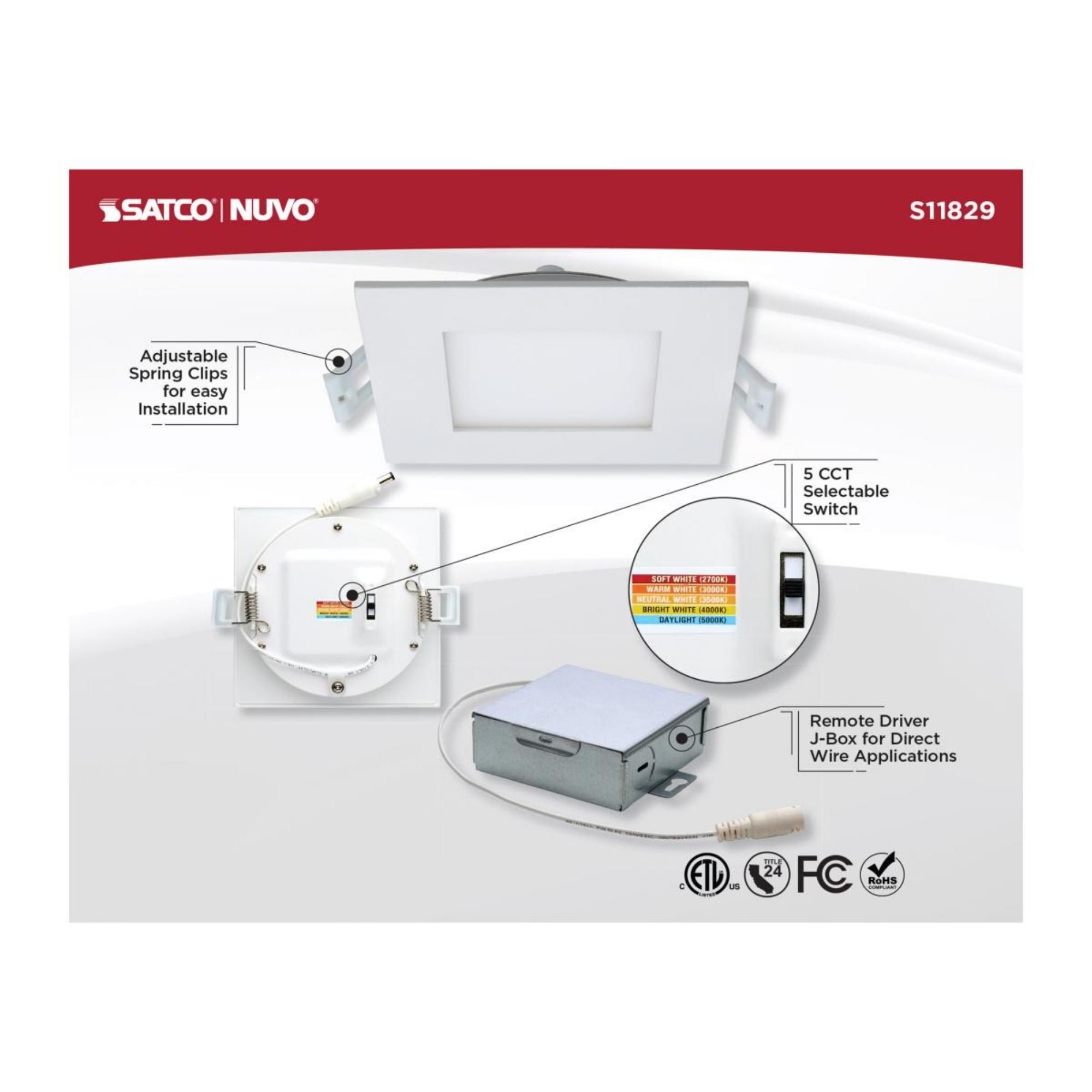 Edge-Lit 4" Square Canless LED Recessed Light, 10W, 600 Lm, 5-CCT