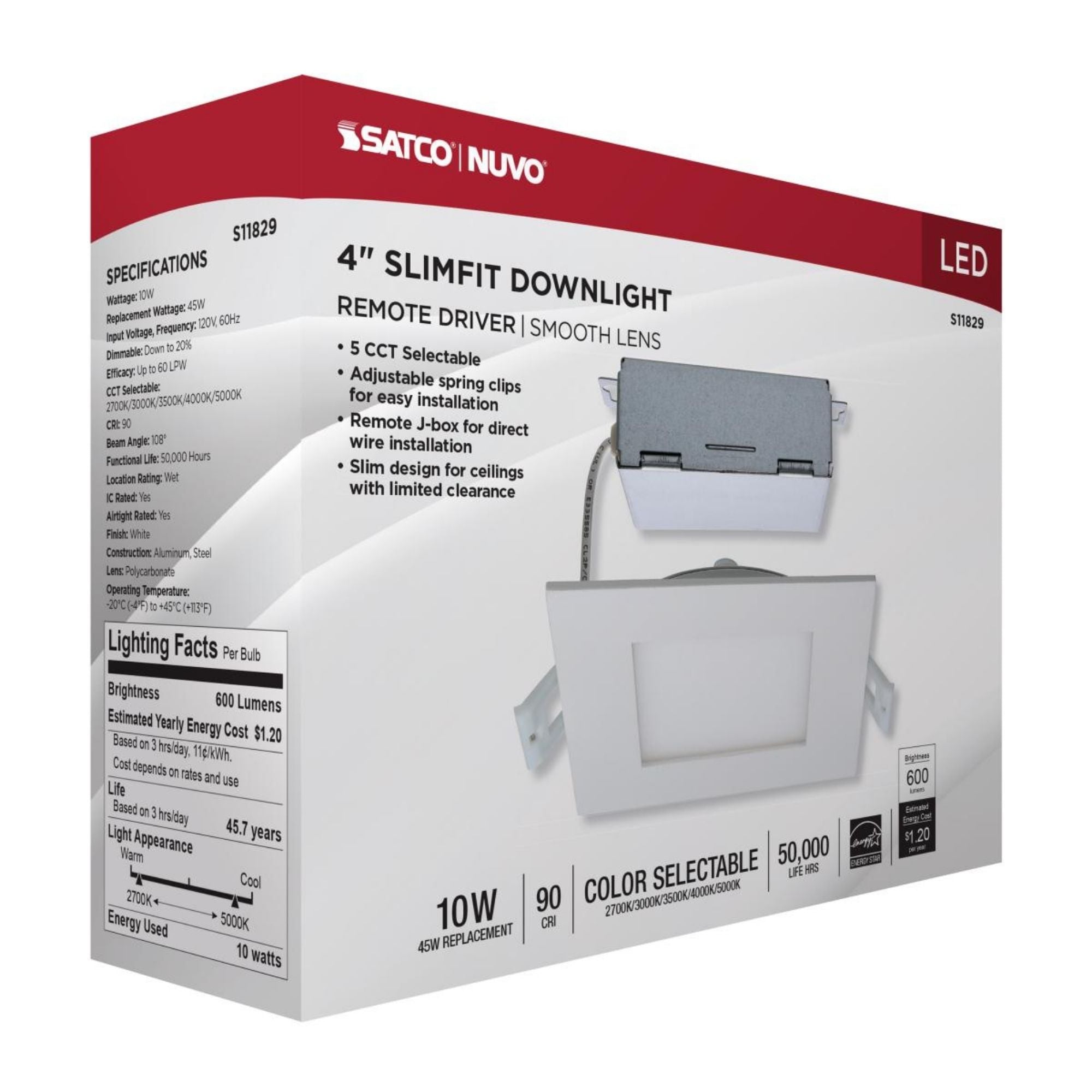 Edge-Lit 4" Square Canless LED Recessed Light, 10W, 600 Lm, 5-CCT