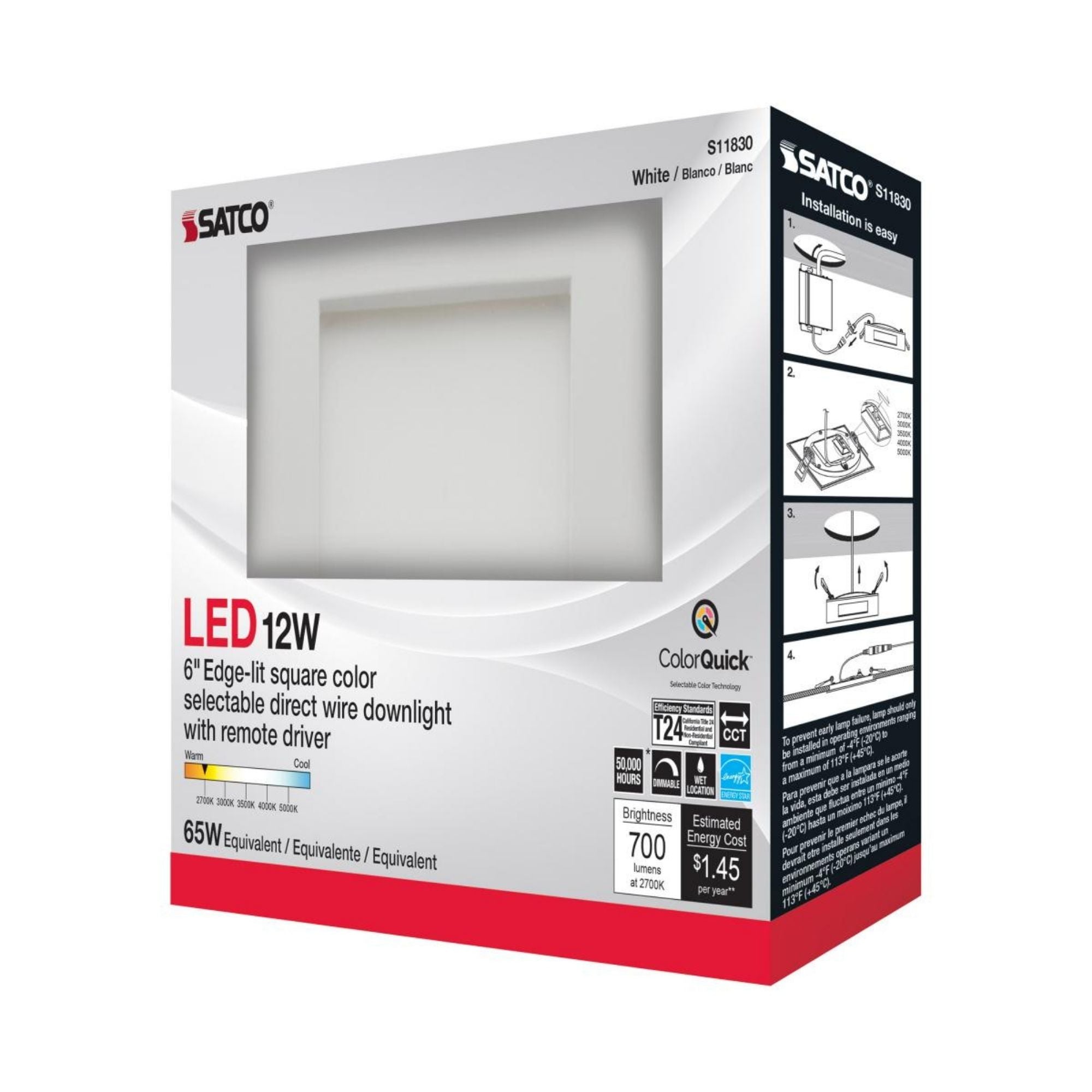 Edge-Lit 6" Square Canless LED Recessed Light, 12W, 700 Lm, 5-CCT