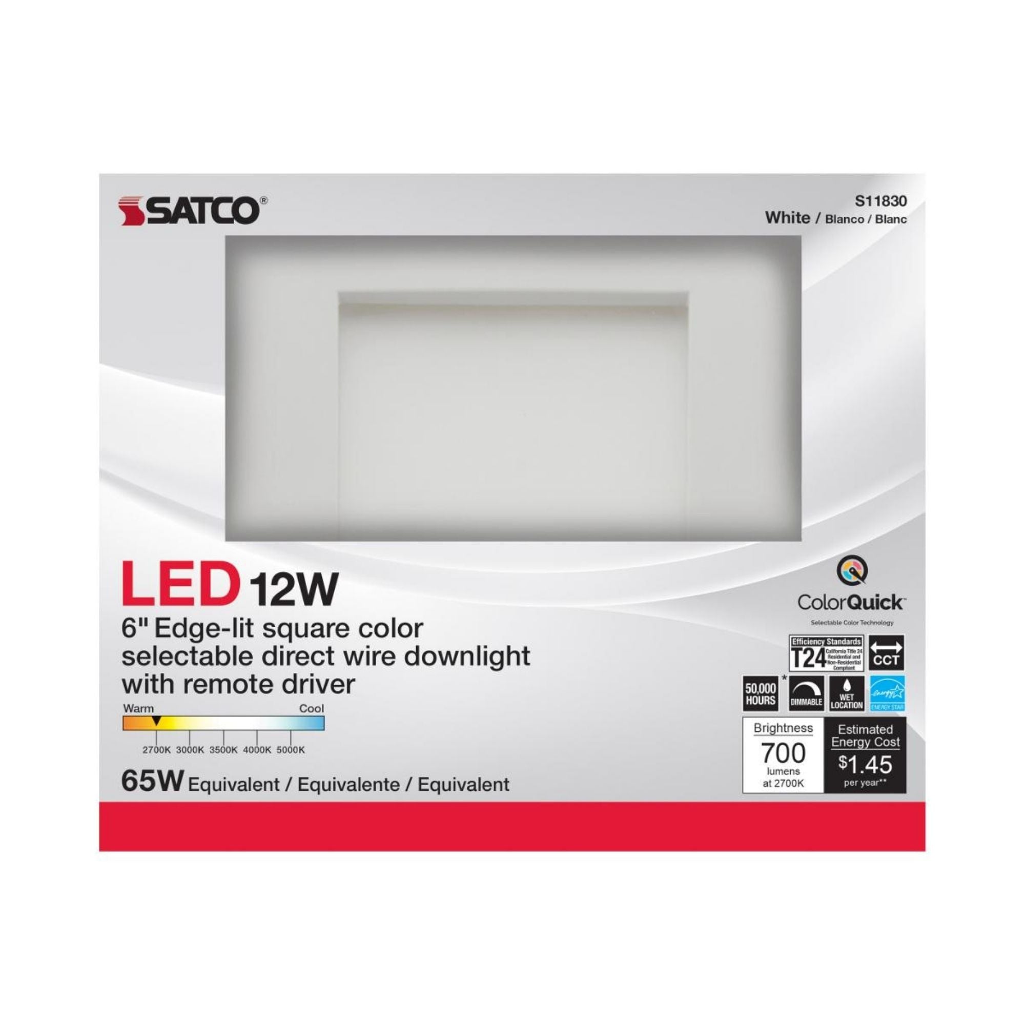 Edge-Lit 6" Square Canless LED Recessed Light, 12W, 700 Lm, 5-CCT