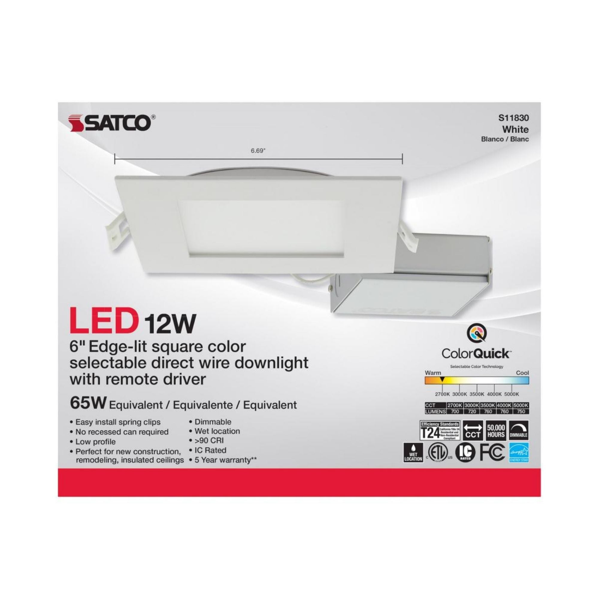 Edge-Lit 6" Square Canless LED Recessed Light, 12W, 700 Lm, 5-CCT