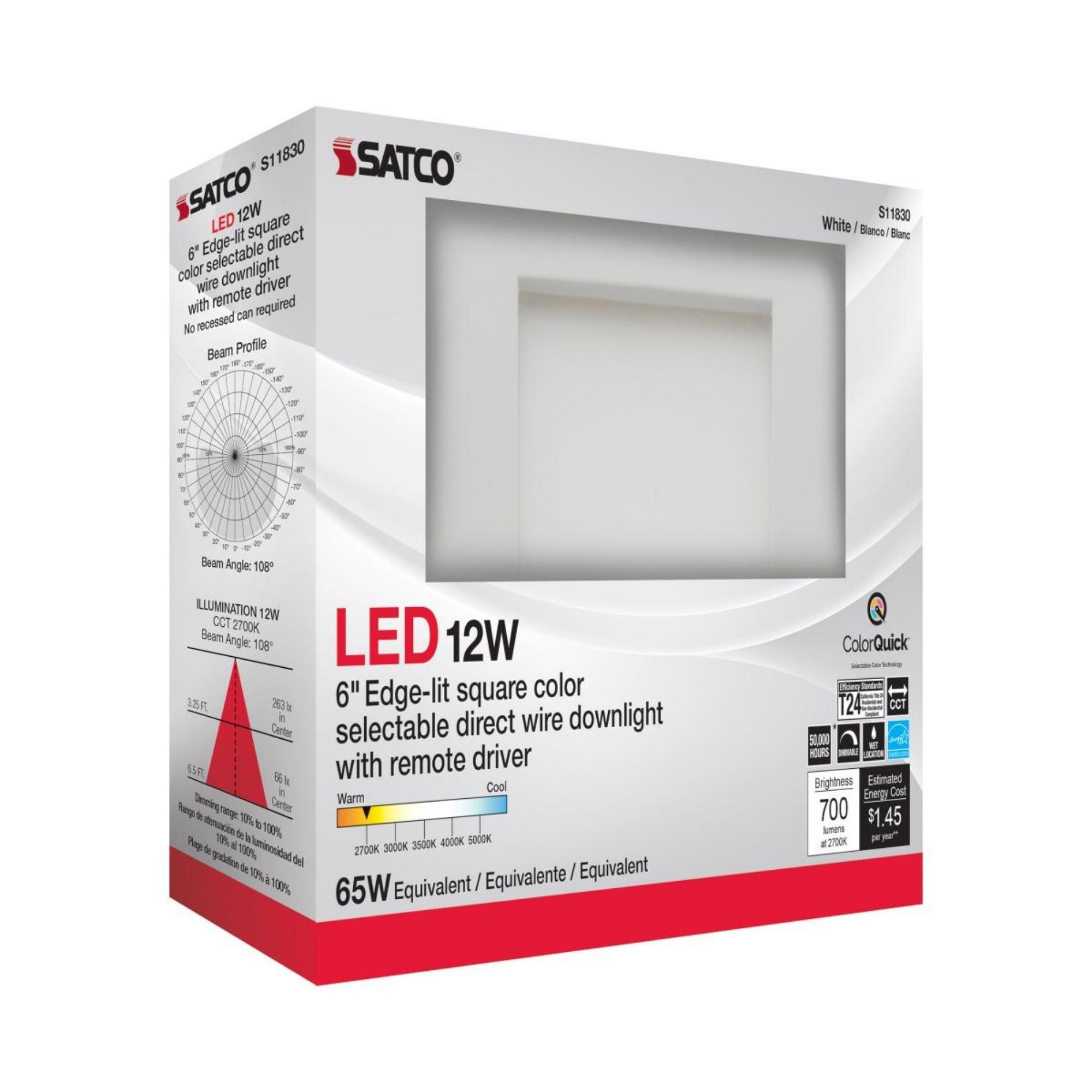 Edge-Lit 6" Square Canless LED Recessed Light, 12W, 700 Lm, 5-CCT