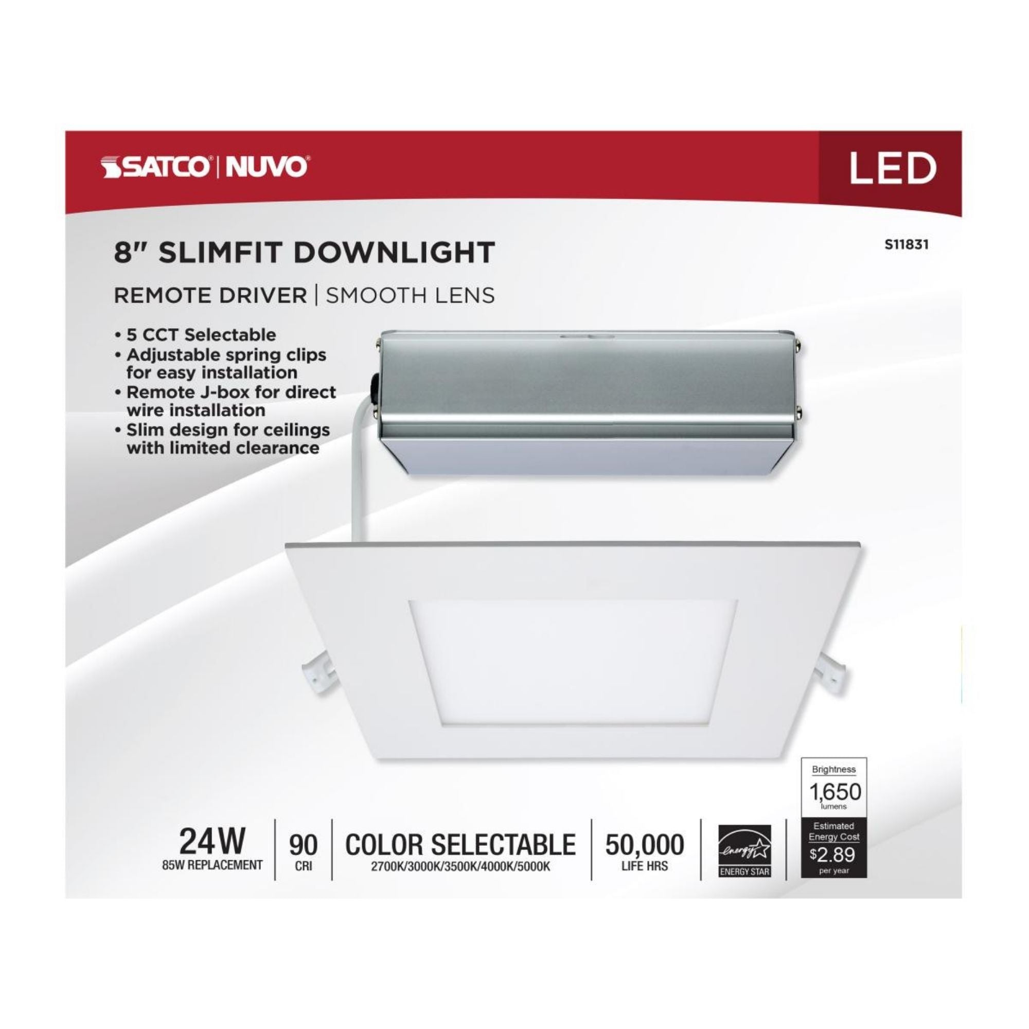 Edge-Lit 8" Square Canless LED Recessed Light, 24W, 1650 Lm, 5-CCT