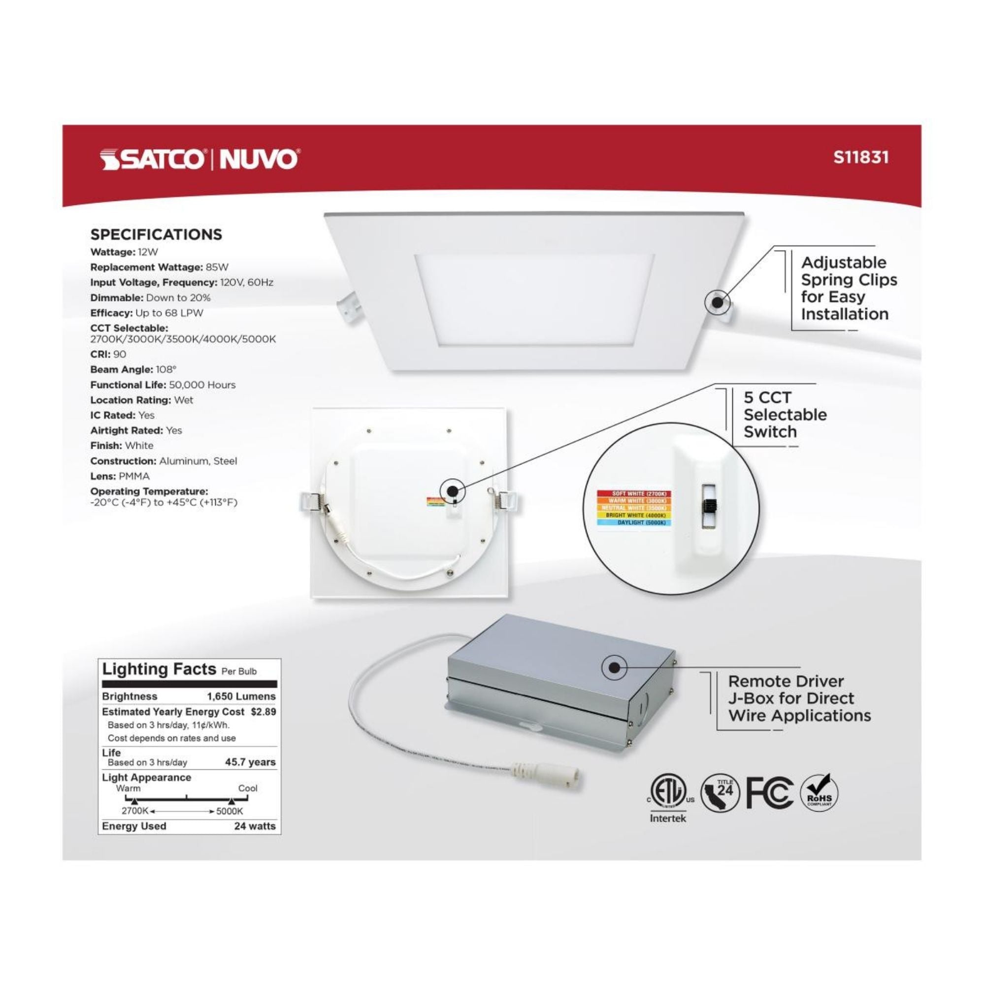 Edge-Lit 8" Square Canless LED Recessed Light, 24W, 1650 Lm, 5-CCT