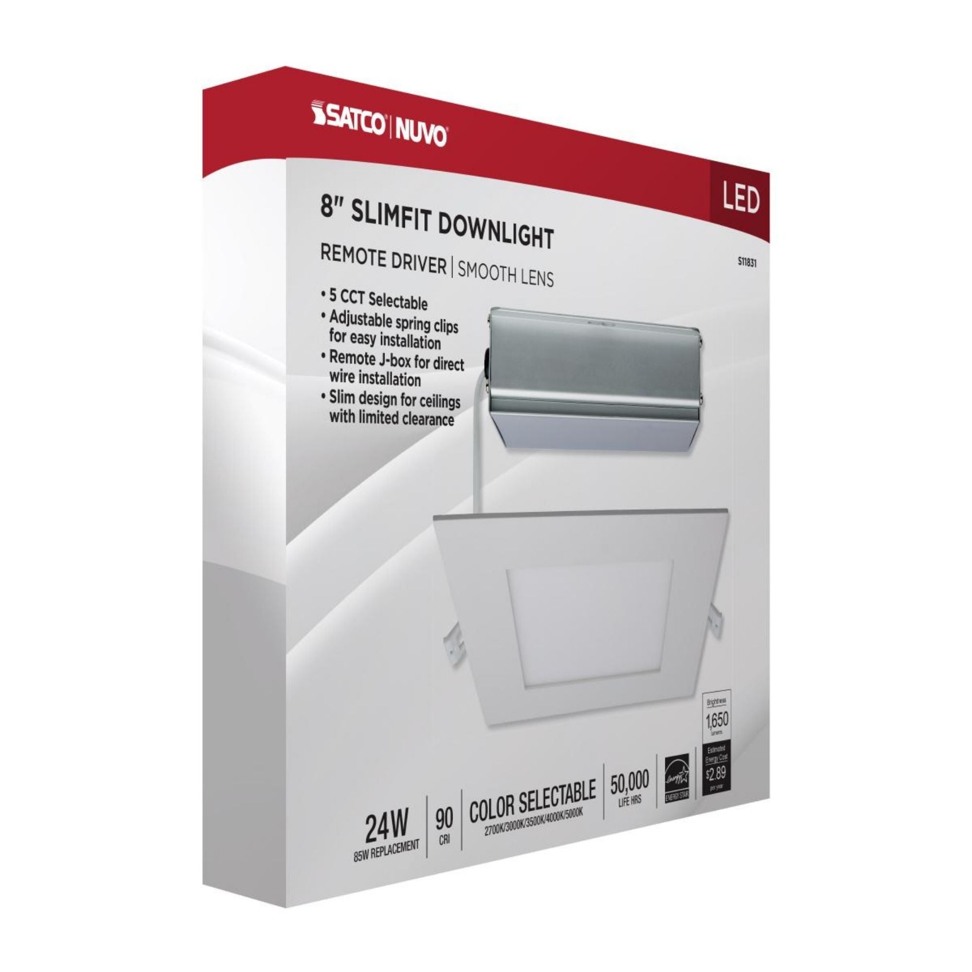 Edge-Lit 8" Square Canless LED Recessed Light, 24W, 1650 Lm, 5-CCT