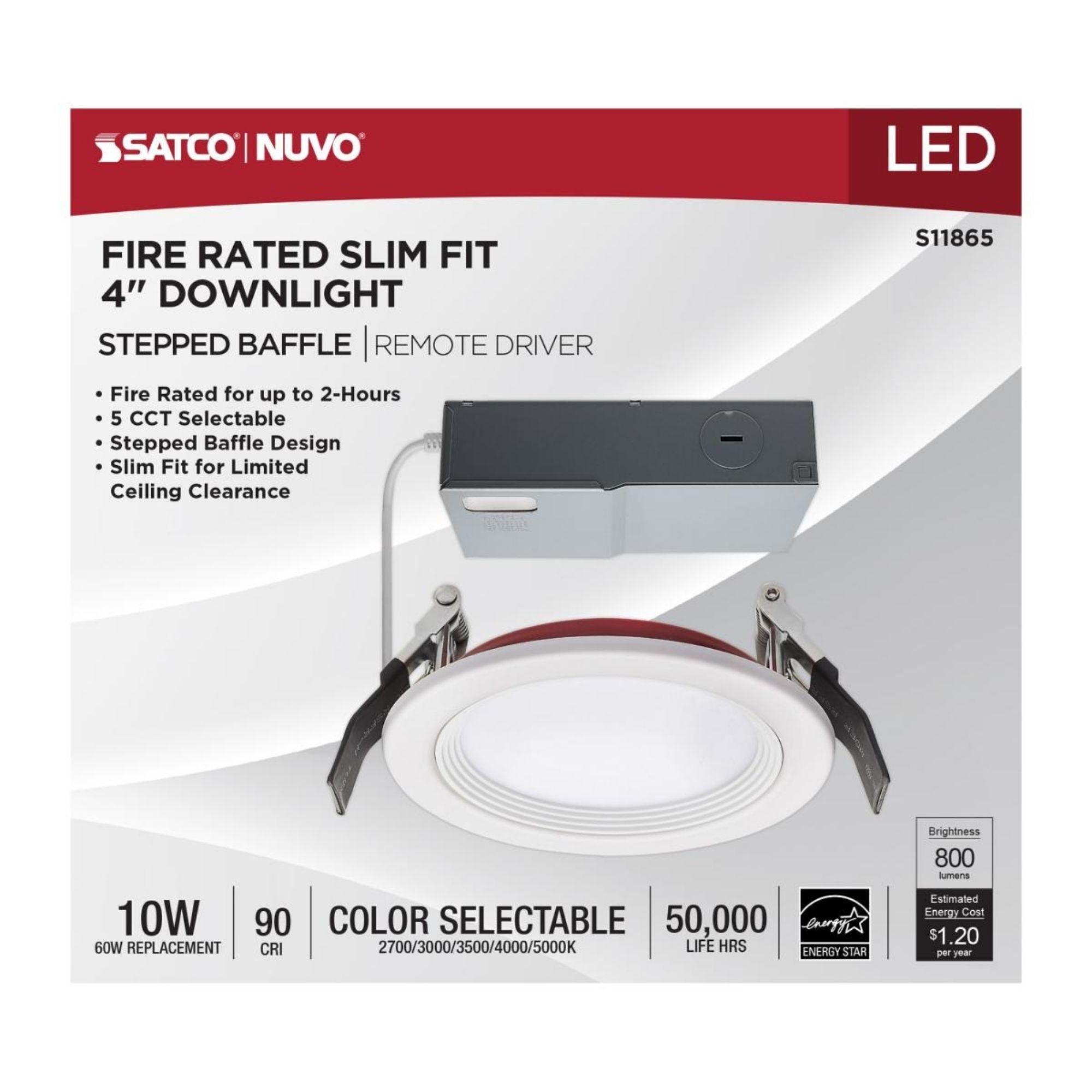 Fire Rated 4" Canless LED Recessed Light, 800 Lm, 5-CCT, Baffle Trim