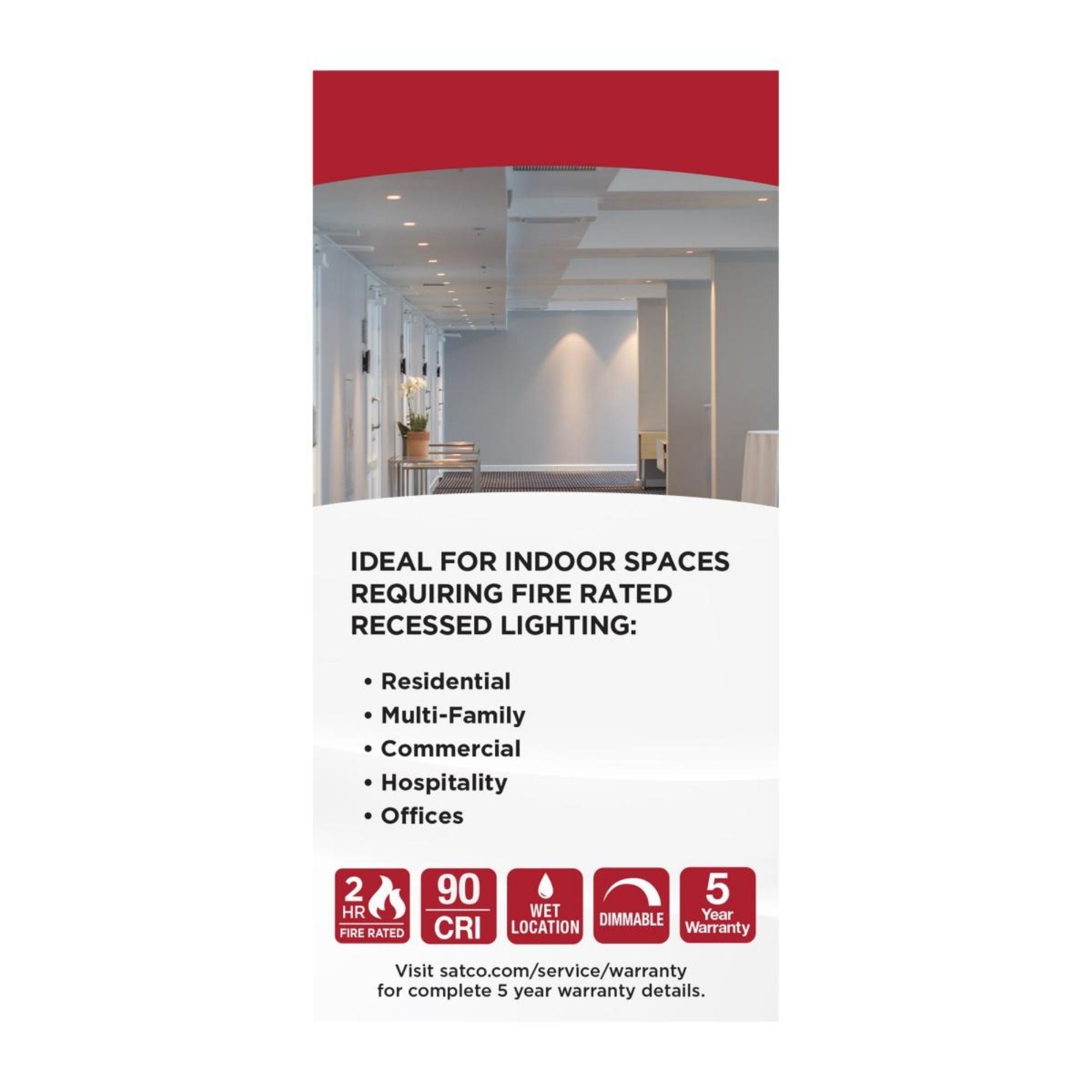 Fire Rated 4" Canless LED Recessed Light, 800 Lm, 5-CCT, Baffle Trim