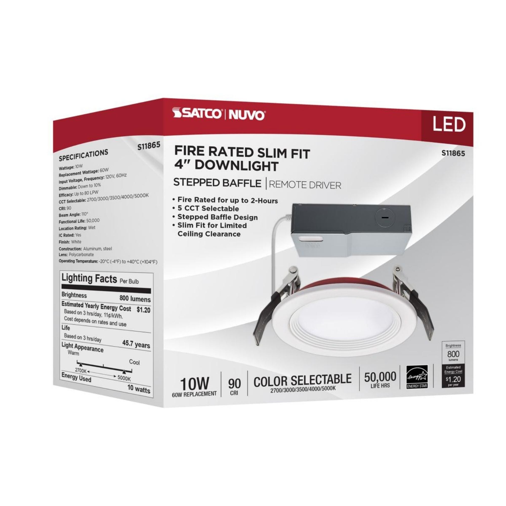 Fire Rated 4" Canless LED Recessed Light, 800 Lm, 5-CCT, Baffle Trim