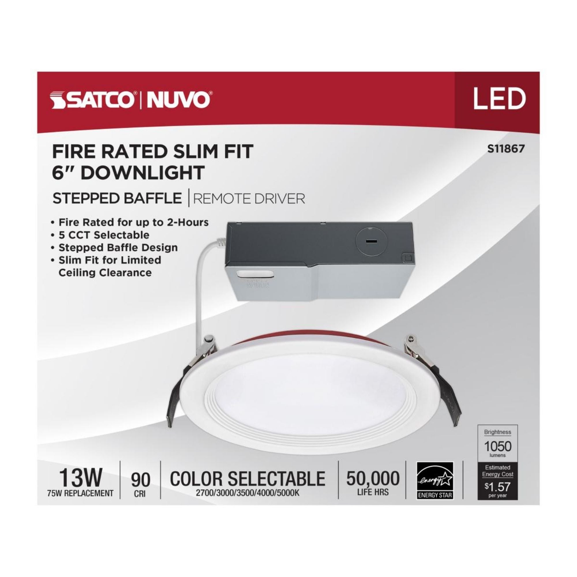 Fire Rated 6" Canless LED Recessed Light, 1050 Lm, 5-CCT, Baffle Trim
