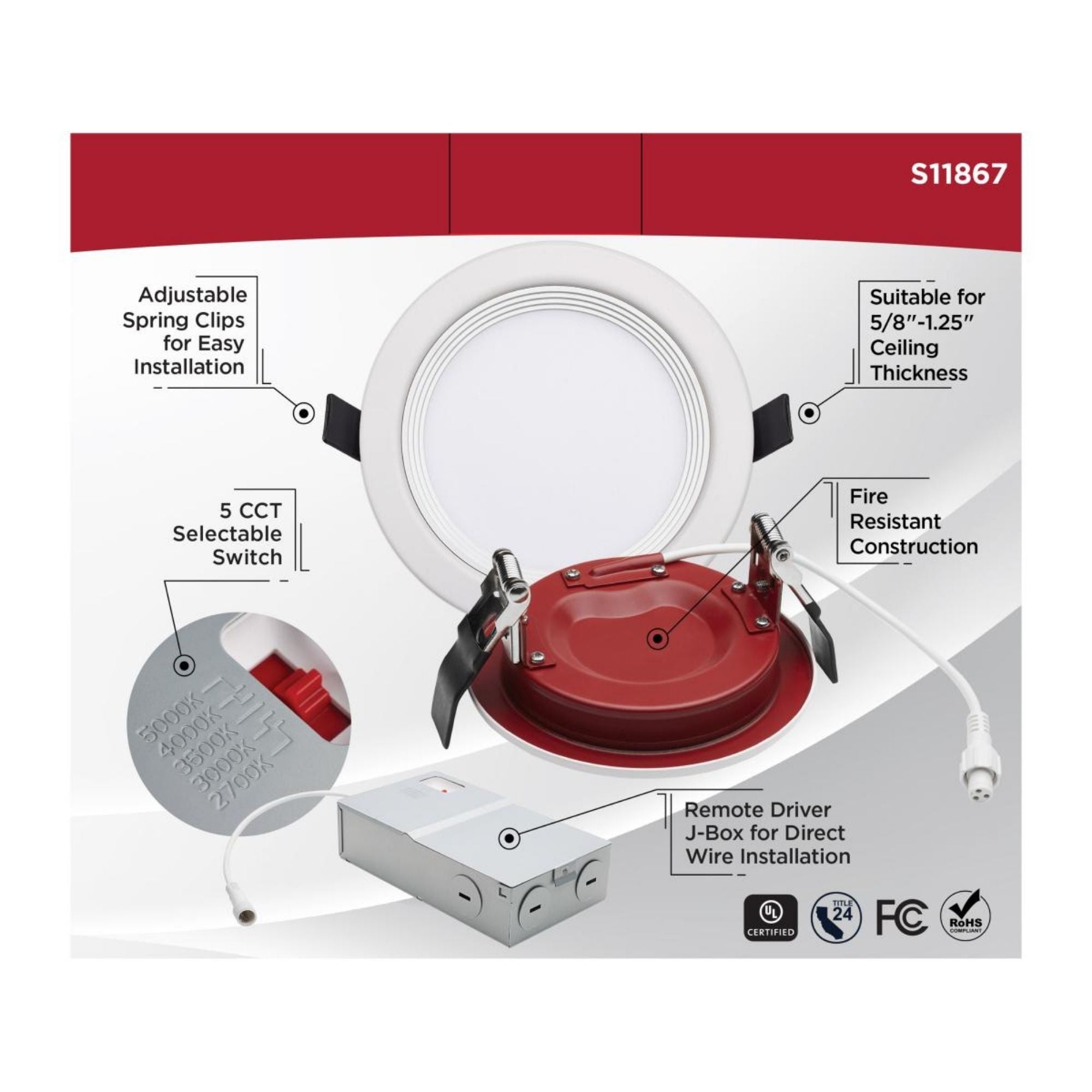 Fire Rated 6" Canless LED Recessed Light, 1050 Lm, 5-CCT, Baffle Trim