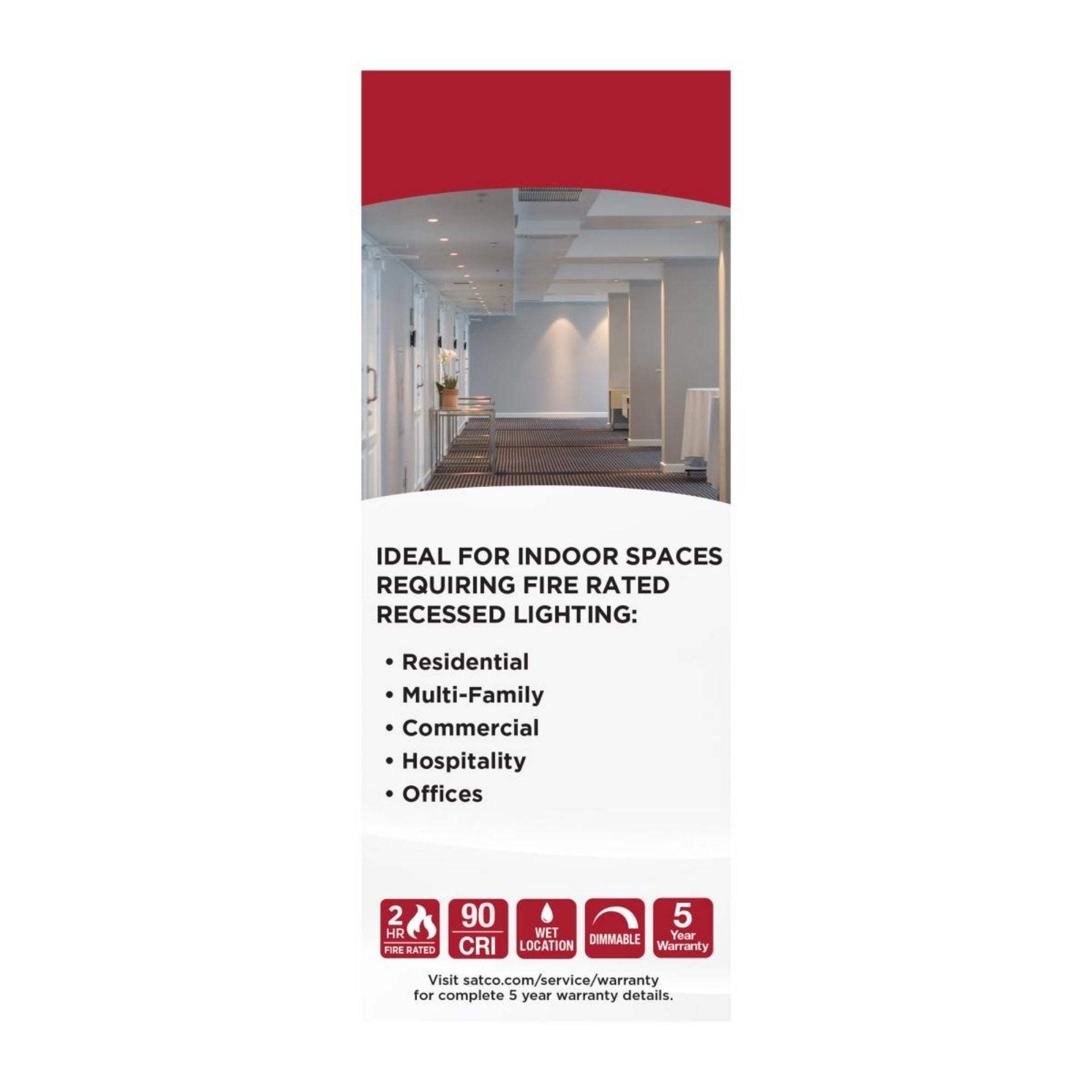 Fire Rated 6" Canless LED Recessed Light, 1050 Lm, 5-CCT, Baffle Trim