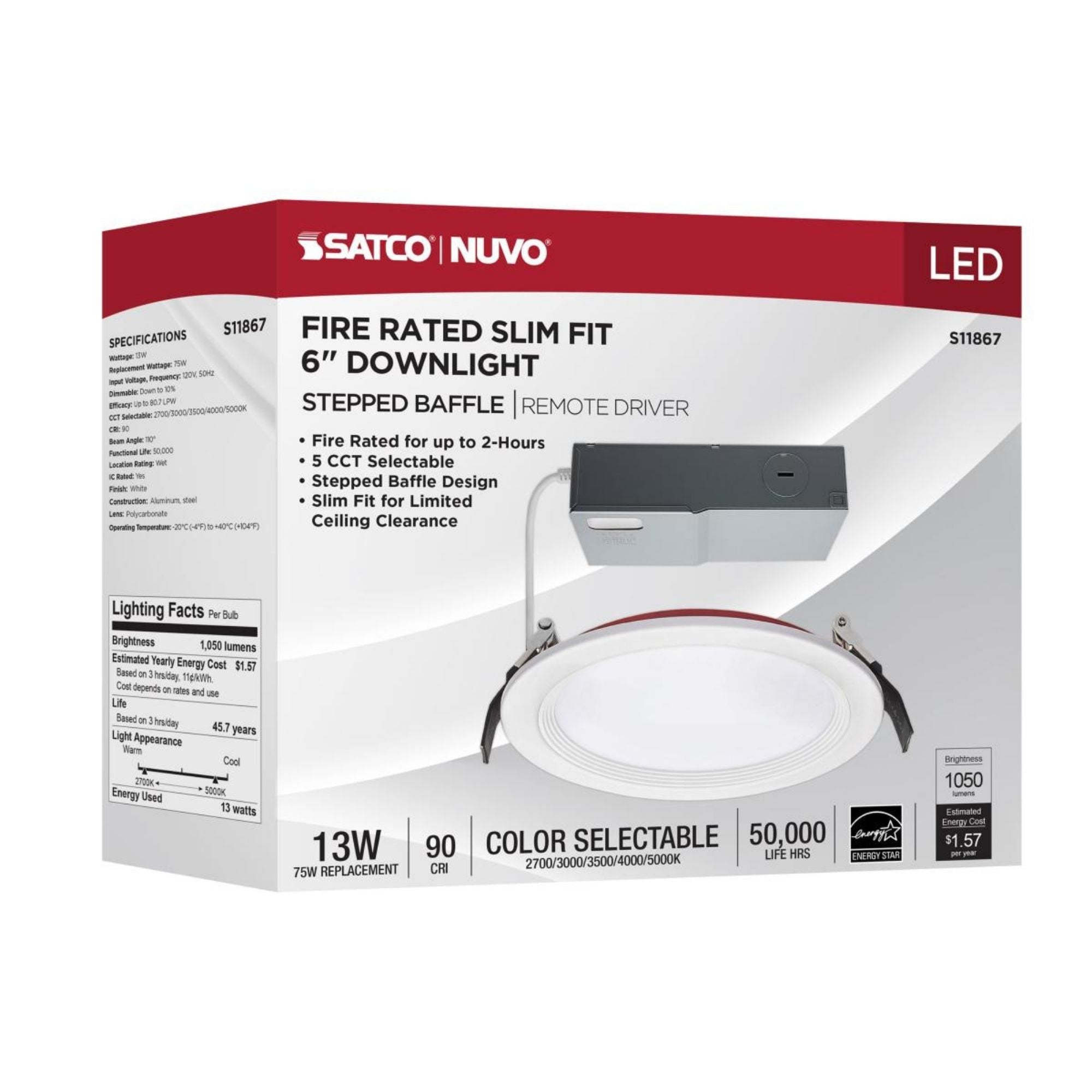 Fire Rated 6" Canless LED Recessed Light, 1050 Lm, 5-CCT, Baffle Trim