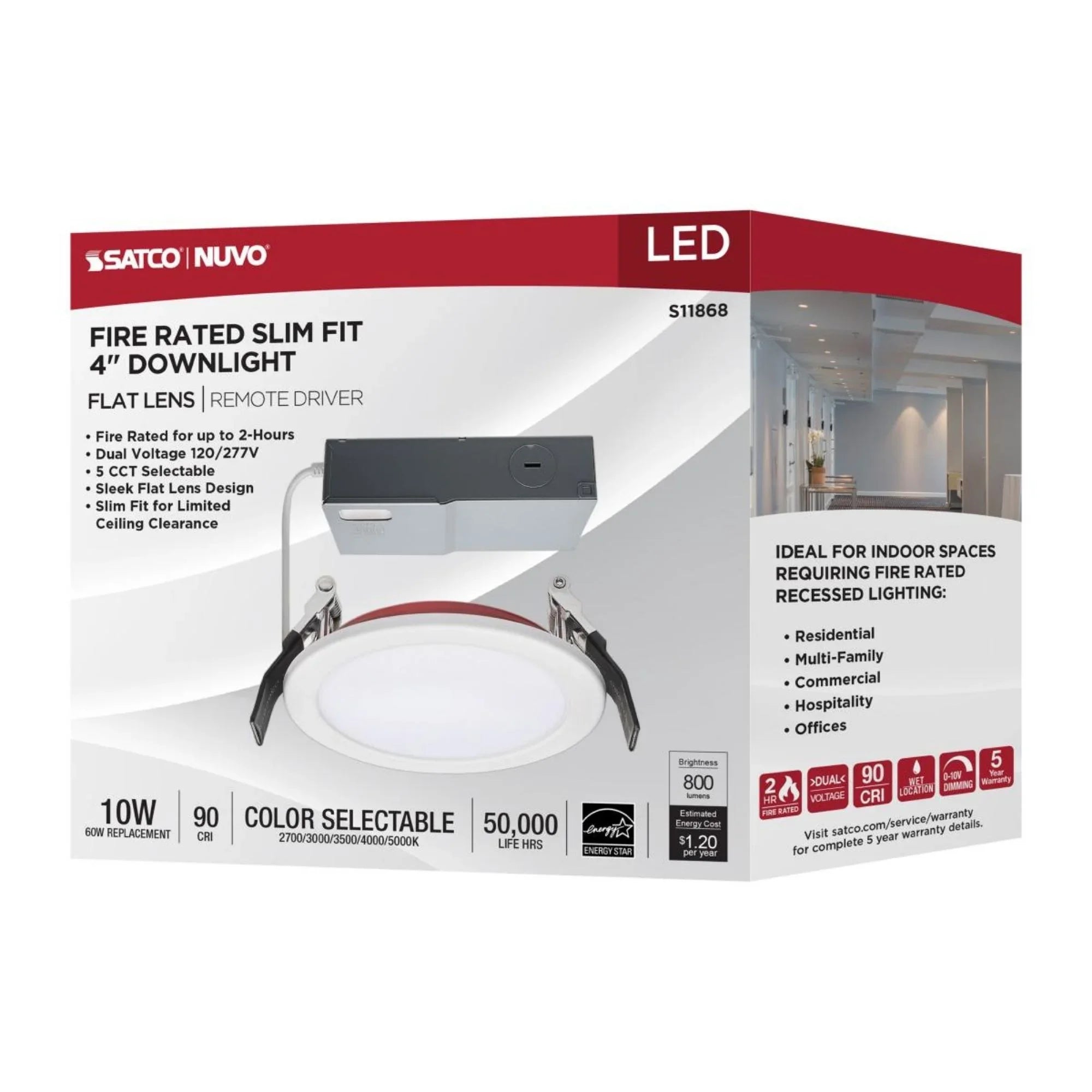 Fire Rated 4" Canless LED Recessed Light, 800 Lm, 5-CCT, Flat Trim, 120-277V