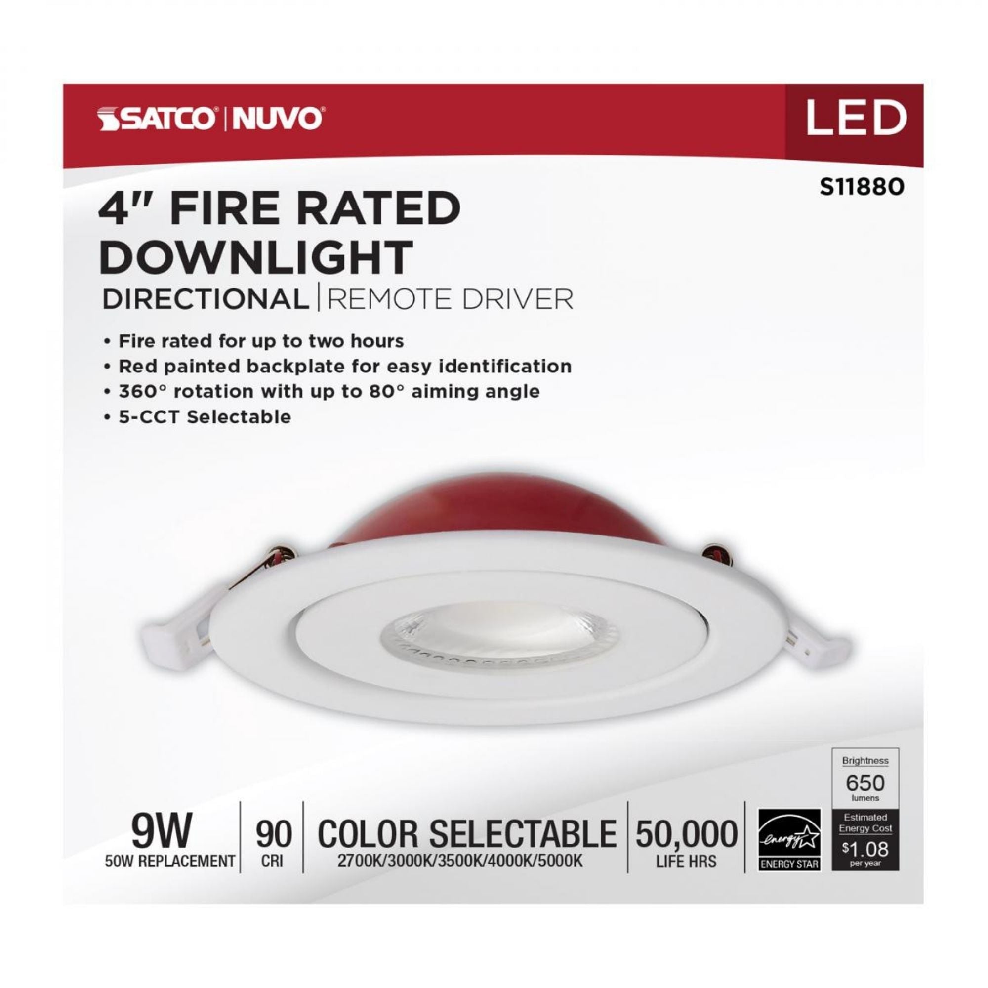 Fire Rated 4" Canless LED Recessed Light, 650 Lm, 5-CCT, Adjustable Trim