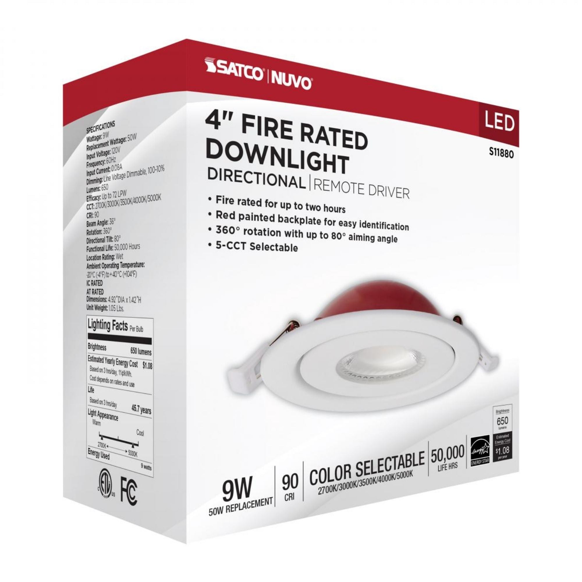 Fire Rated 4" Canless LED Recessed Light, 650 Lm, 5-CCT, Adjustable Trim