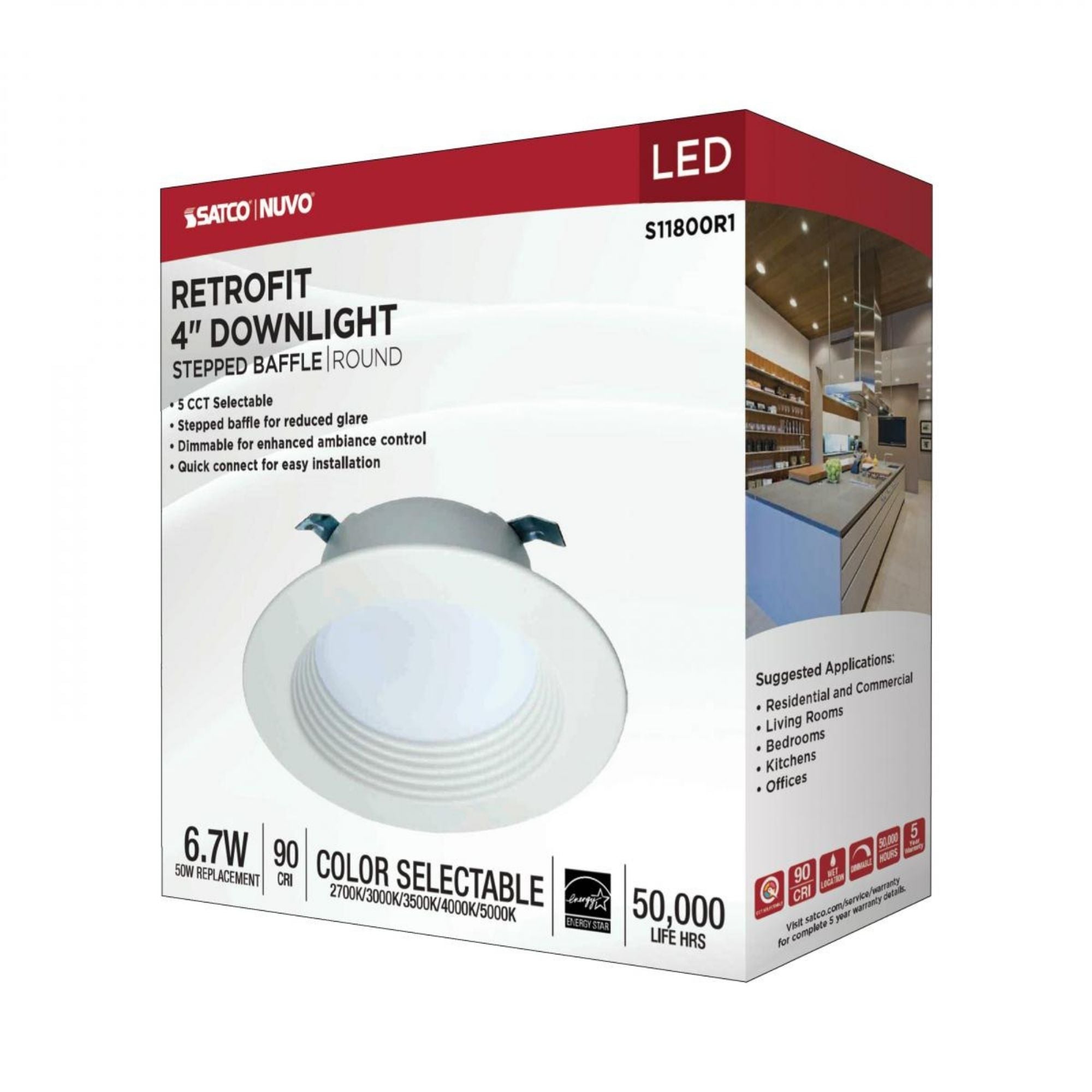4" Retrofit LED Can Light, 7W, 600 Lm, 5-CCT, White Baffle Trim