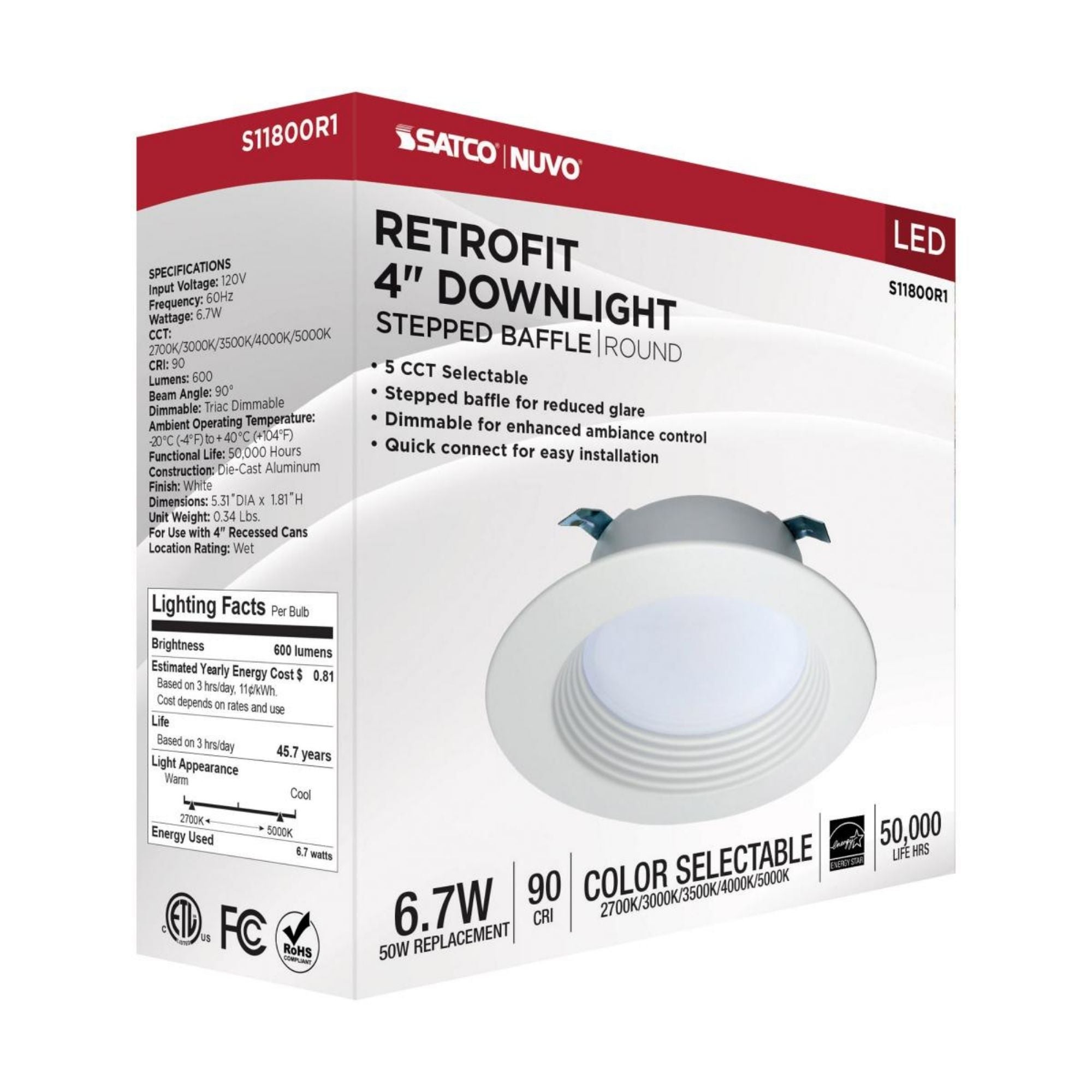 4" Retrofit LED Can Light, 7W, 600 Lm, 5-CCT, White Baffle Trim